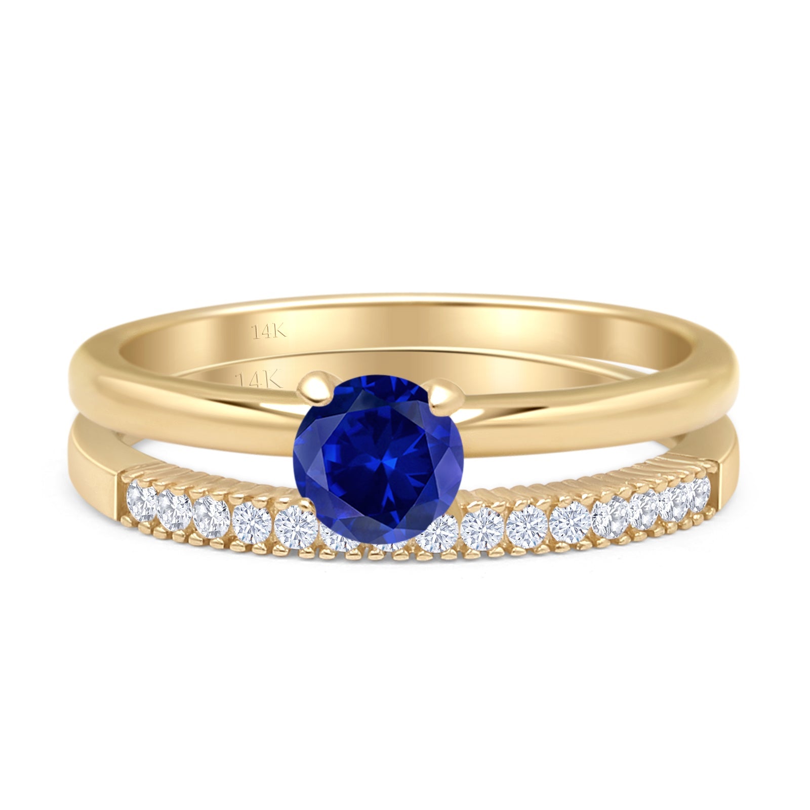 14K Yellow Gold Round Solitaire & Half Eternity Band with Blue Sapphire CZ - Elegant Bridal Wedding Ring Set for Engagement, Anniversary & Special Occasions