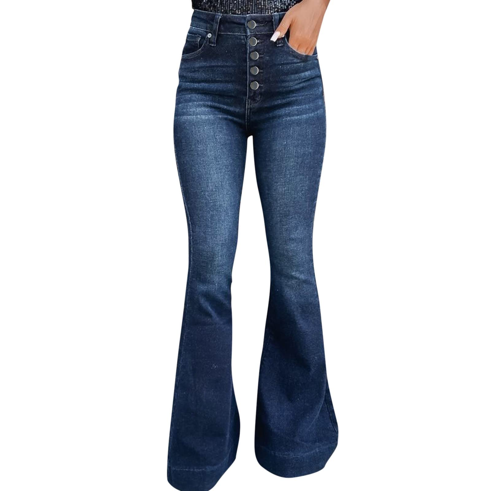 Women's Flared Jeans - Washed Solid Color Tie Waist Pants for Casual Outfits