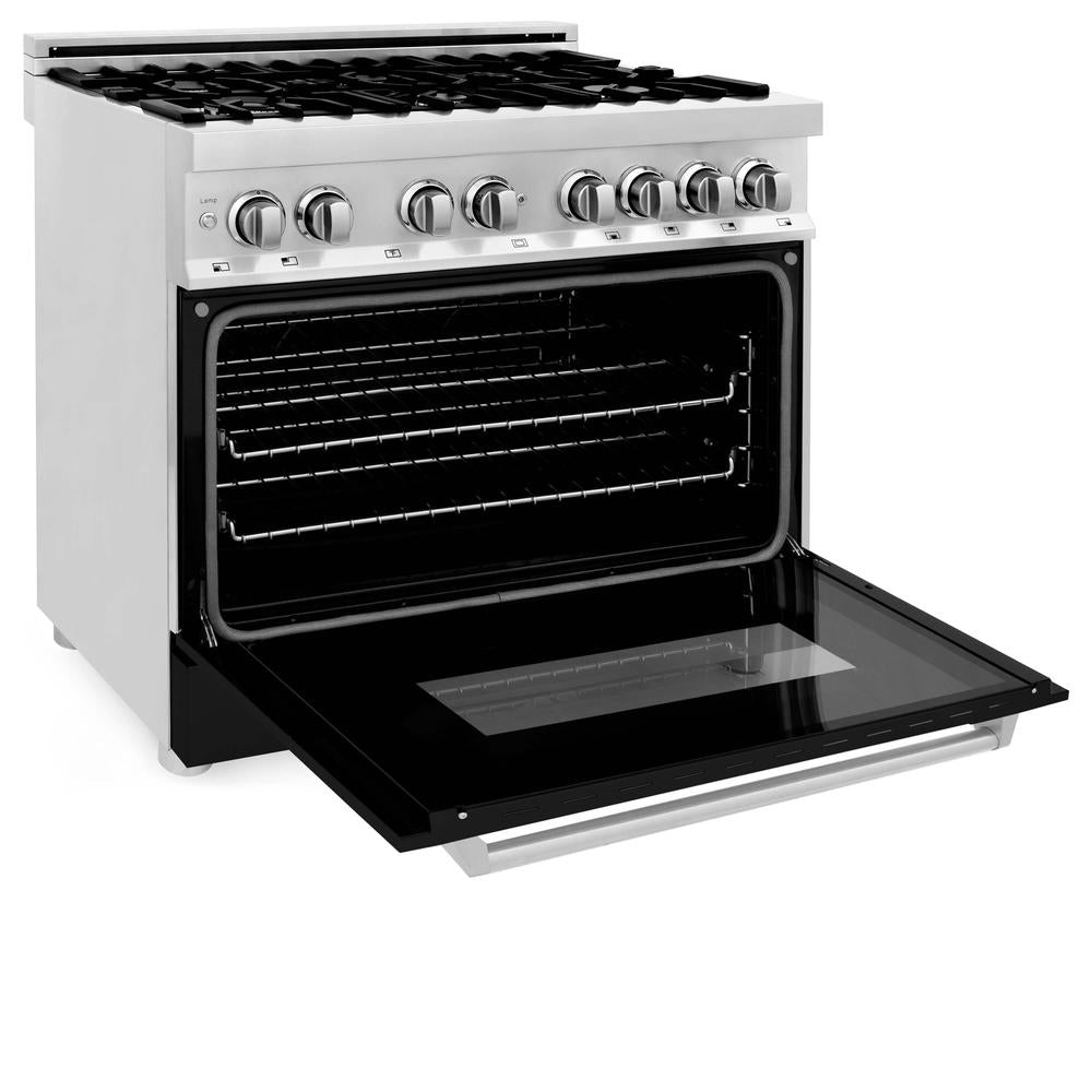 ZLINE 36 Inch Professional Dual Fuel Range Kitchen Package - Stainless Steel Gas Range with Black Matte Door & Convertible Vent Hood (2KP RABLMRH36) - Perfect for Home Chefs & Modern Kitchens