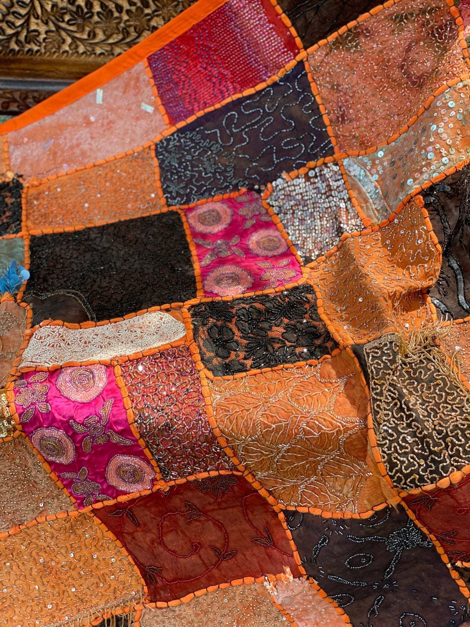 Indian Orange Wall Hanging Tapestry with Embroidery & Sequins - Bohemian Sari Patchwork Decor for Bedroom, Living Room, Dorm