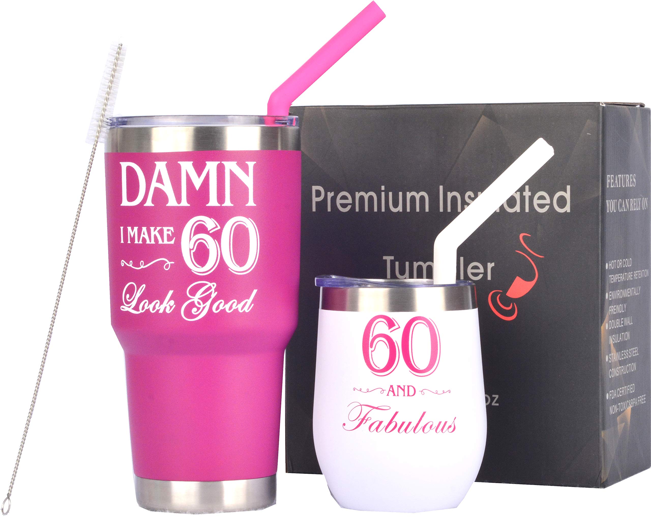 60th Birthday Gifts for Women - 60 and Fabulous Insulated Tumbler Set with Straw, Perfect 60th Birthday Present for Mom, Grandma, Wife | Great for Coffee, Tea & Cold Drinks at Home, Office or Travel