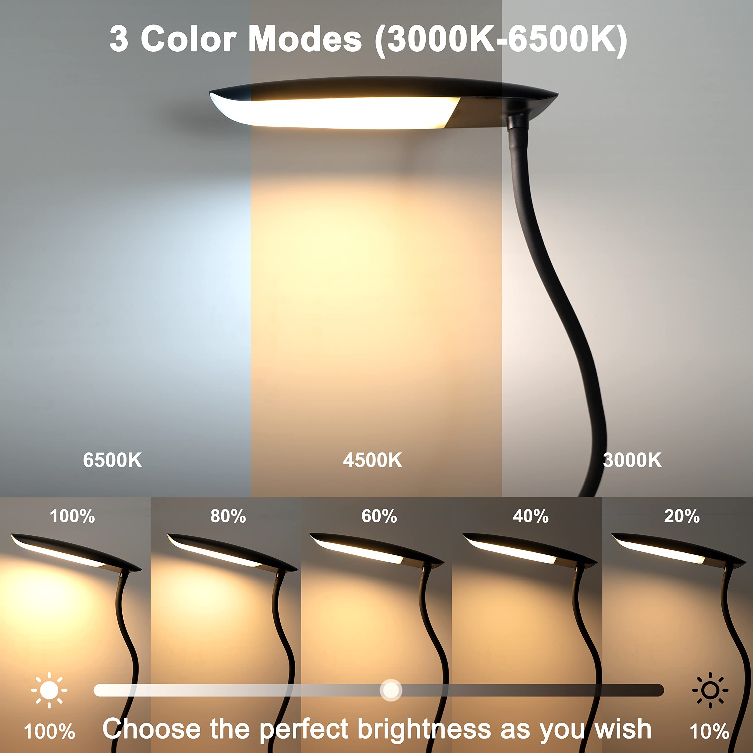 USB Clip on Reading Light - 3 Color Modes (3000K-6000K), 10 Brightness Levels, 8W 40 LED Flexible Gooseneck Desk Lamp - Eye Caring Bedside Light for Headboard, Study, Office & Night Reading (No Plug)