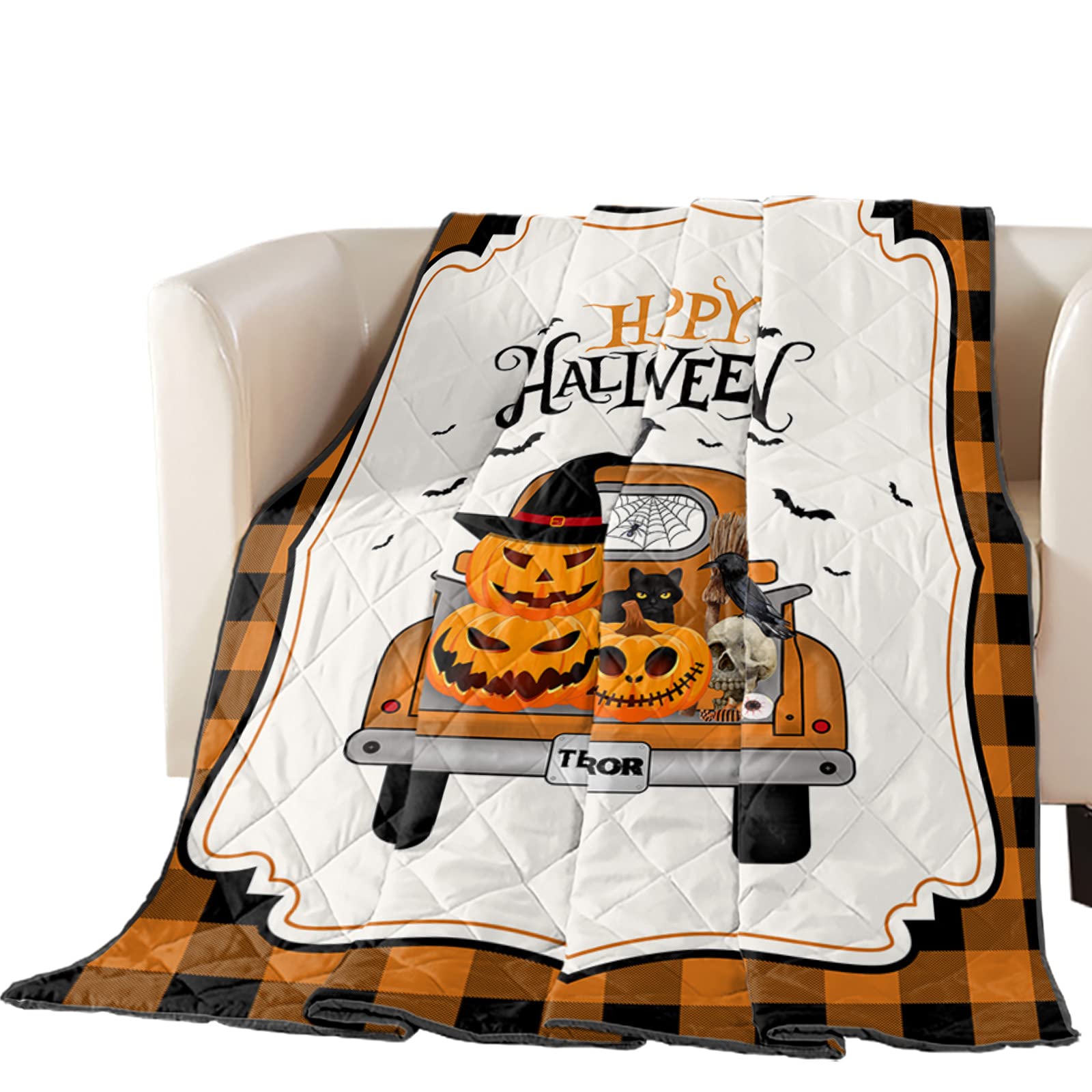 Soft Comforter Duvet - All Season Air Conditioning Quilt with Halloween Pumpkin Cat Skull Truck Design - Thin Summer Blanket for Bedroom & Living Room - Orange Black Grid Pattern - Oversized Queen 98x98 Inches - Perfect for Seasonal Decor, Guest Rooms, and Cozy Nights