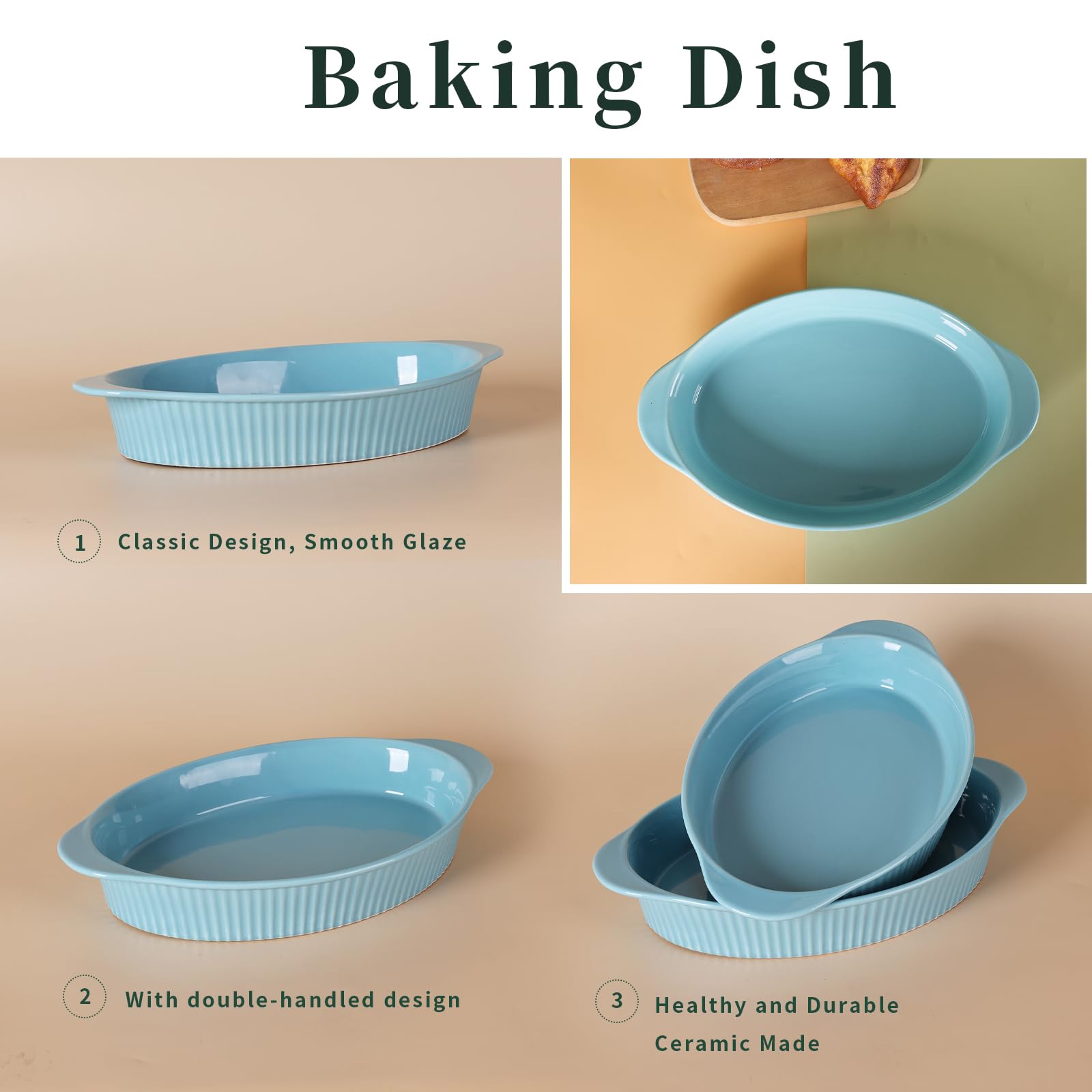 LEETOYI 9x13 Inch Large Oval Porcelain Au Gratin Baking Dish - Double Handle Oven Safe Bakeware for Casseroles, Lasagna, Mac & Cheese - Turquoise Kitchen & Home Dinnerware for Entertaining & Family Meals