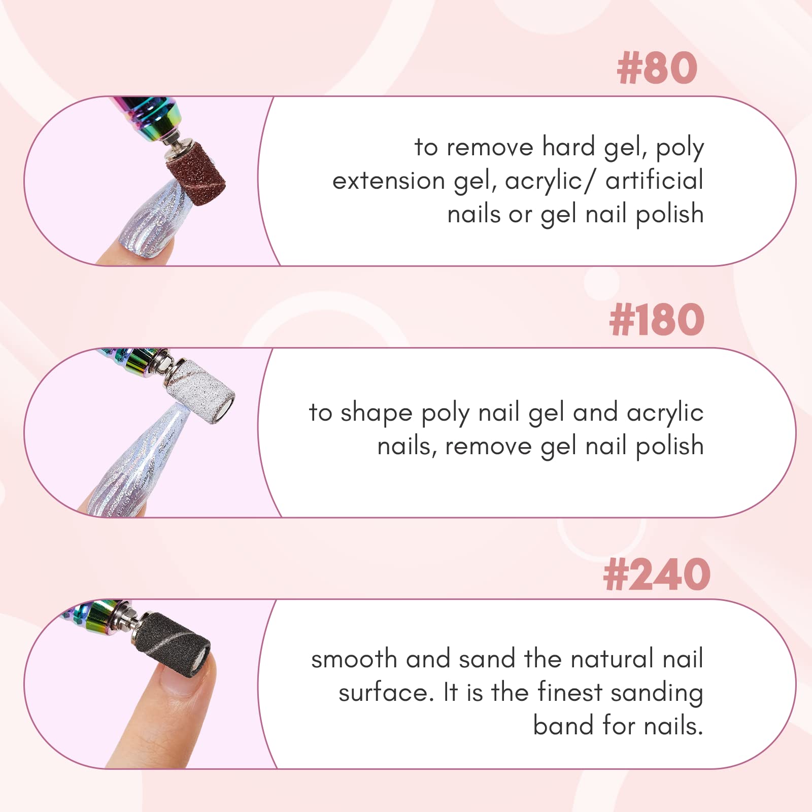 Makartt 100 Pcs Nail Drill Sanding Bands #180 Medium Grits - Professional Acrylic Nails Gel Removal & Shaping - Thicker Durable Sanding Drill Bits for Manicure & Pedicure - Perfect for Salon, Home Nail Care & DIY Nail Art
