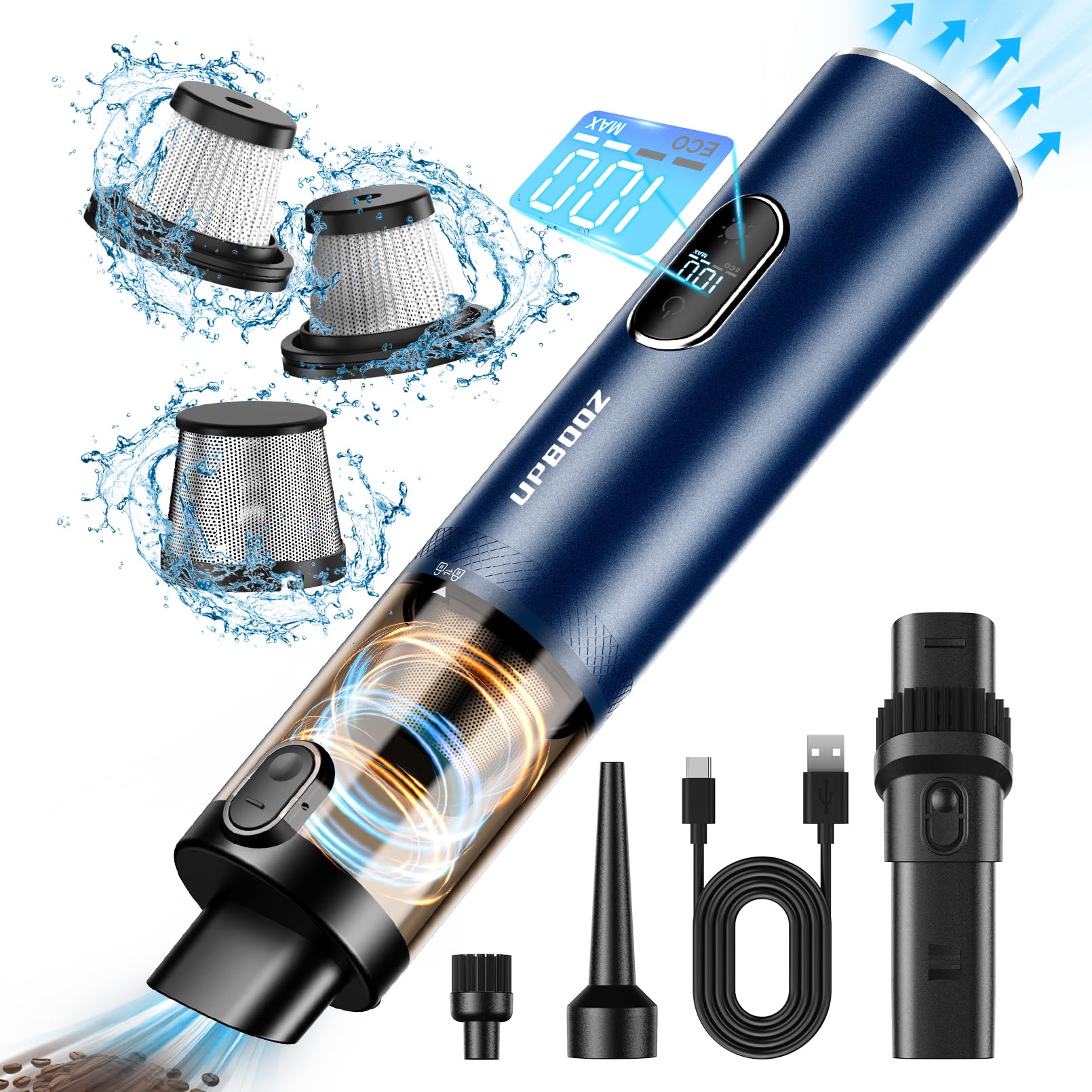 14000PA Powerful Cordless Handheld Car Vacuum Cleaner with LED Light & Air Duster - 2-in-1 Rechargeable Mini Vacuum for Pet Hair, Home, Office & Auto Detailing | Low Noise & 2-Speed Settings | Perfect for Cars, Sofas, Stairs & Hard-to-Reach Areas