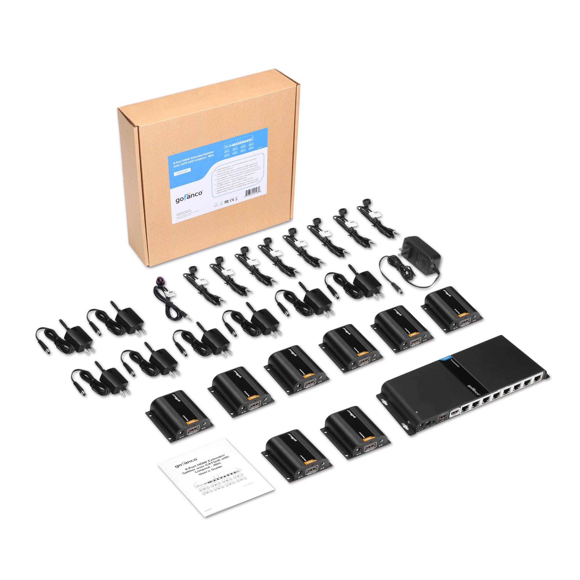 Gofanco 8 Port HDMI Splitter 1x8 - 1080p 60Hz HDMI Extender Over Cat5e/Cat6/Cat7 Ethernet Cable, IR Extension, Up to 130ft (40m) - Ideal for Home Theater, Conference Rooms & Multi-Screen Displays (HDMIExt8P)