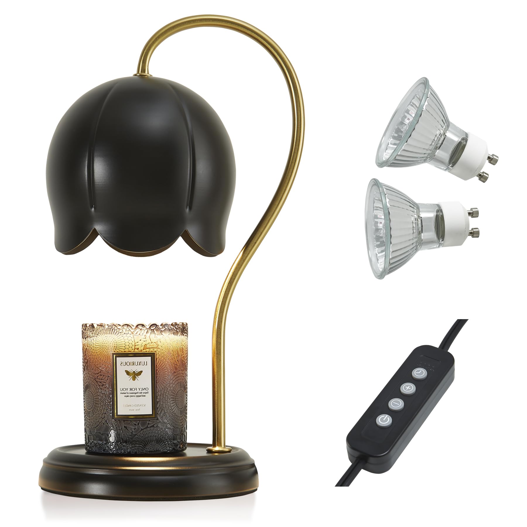 Black Gold Flower Candle Warmer Lamp with Timer & Dimmable Light - Elegant Home Office Decor, Scented Wax Melter for Bedroom - Perfect Christmas Birthday Gift for Women & Men - Large Tabletop Candle Burner for Relaxation, Aromatherapy & Romantic Ambiance