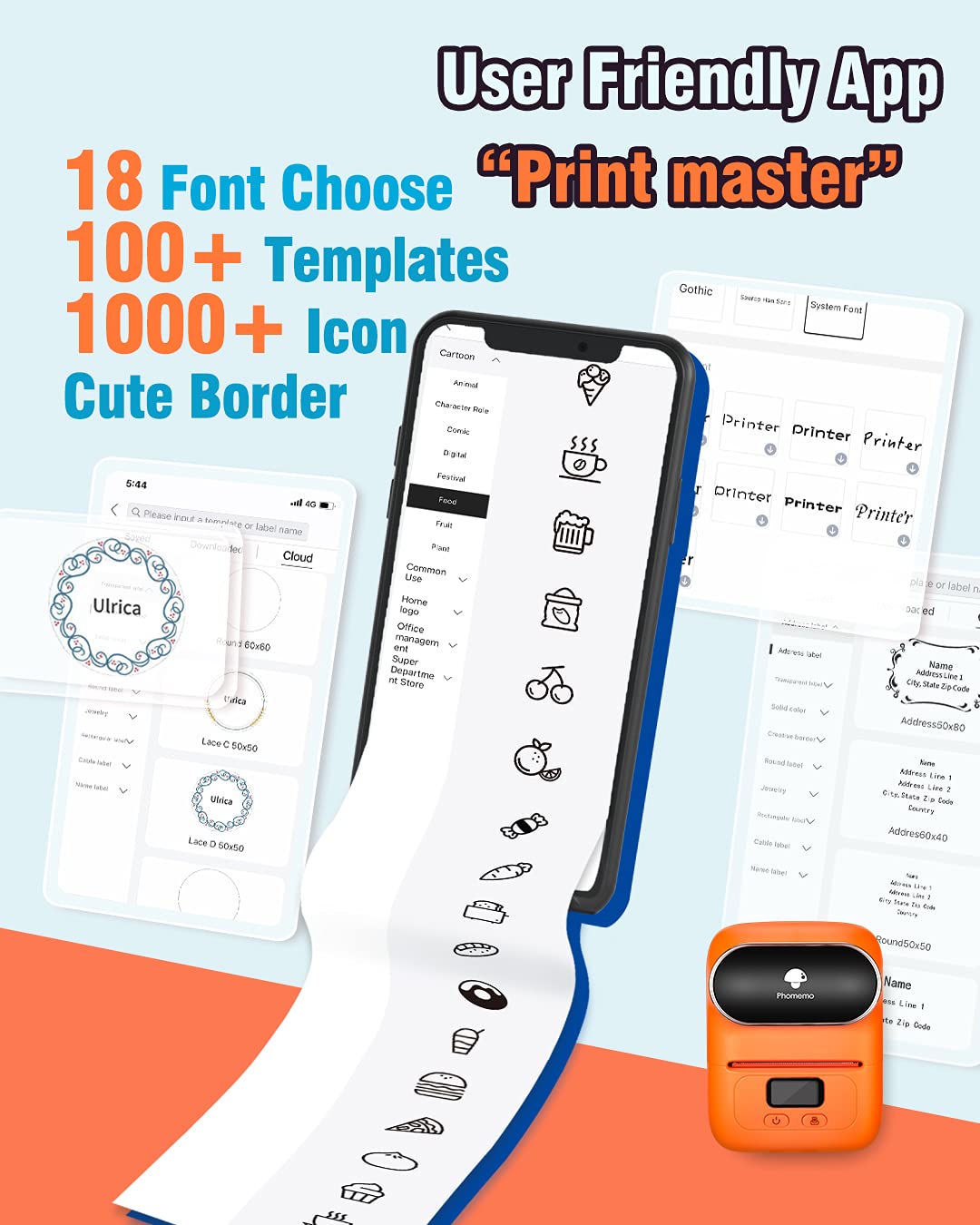 Phomemo M110S Bluetooth Thermal Label Printer - 20x20mm Label Maker for Barcode, Clothing & Jewelry | Compatible with Android & iOS | Perfect for Retail Stores, Mailing Services & Small Business Organization (Orange)