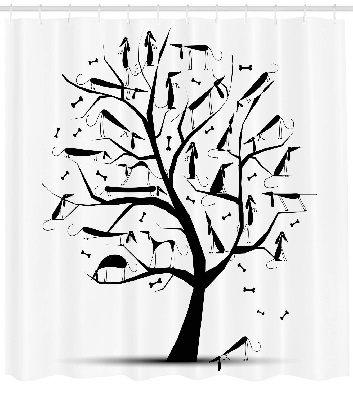 Ambesonne Abstract Shower Curtain - Monochrome Autumn Tree with Dachshund Silhouettes, 69x75 Inch White & Black Bathroom Decor Set with Hooks | Perfect for Dog Lovers' Bathrooms, Modern Home Decor, and Seasonal Theme Decorations