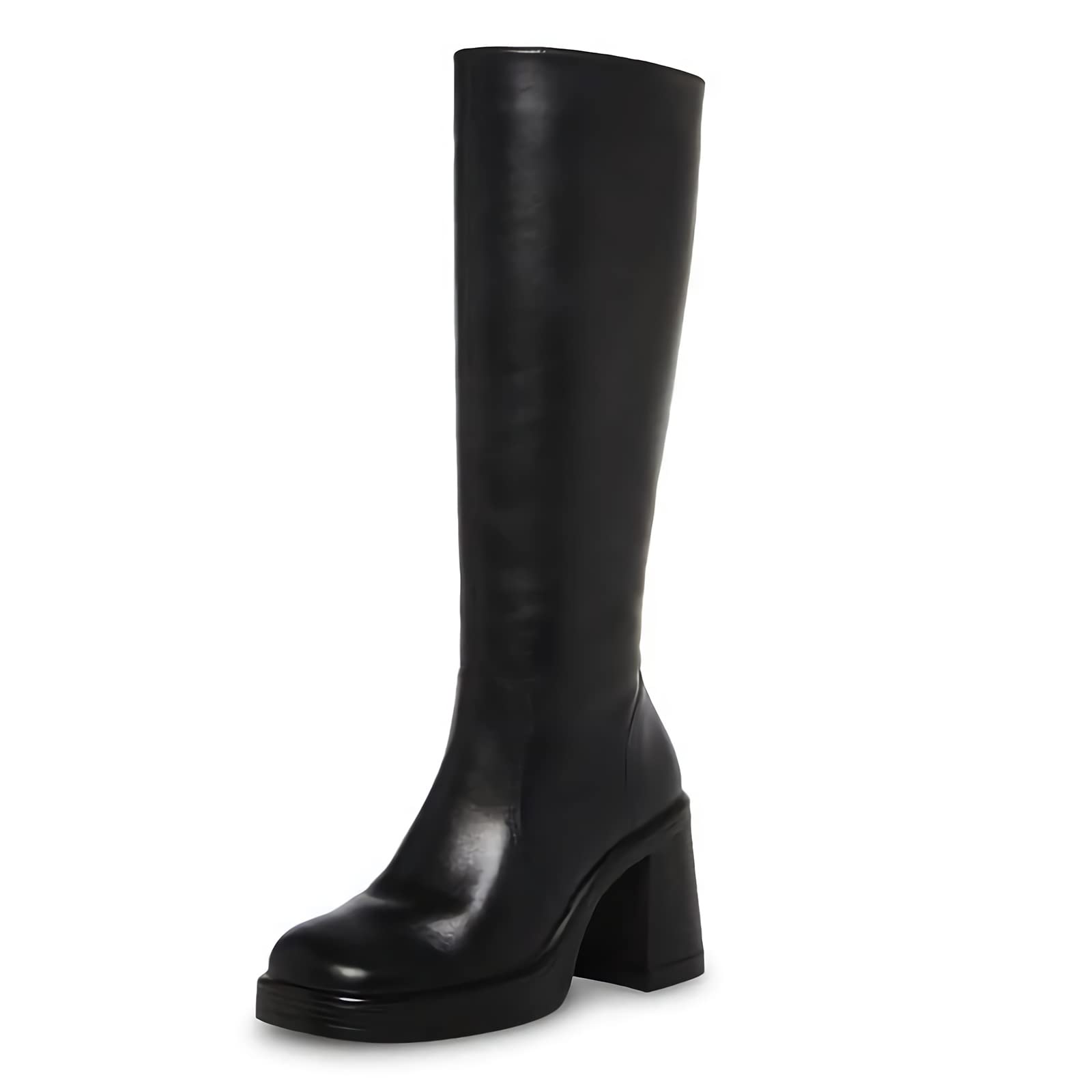 SOVANYOU Women's Black Leather Platform Boots - Square Toe Chunky Heel Ankle Boots for Casual Wear & Night Out