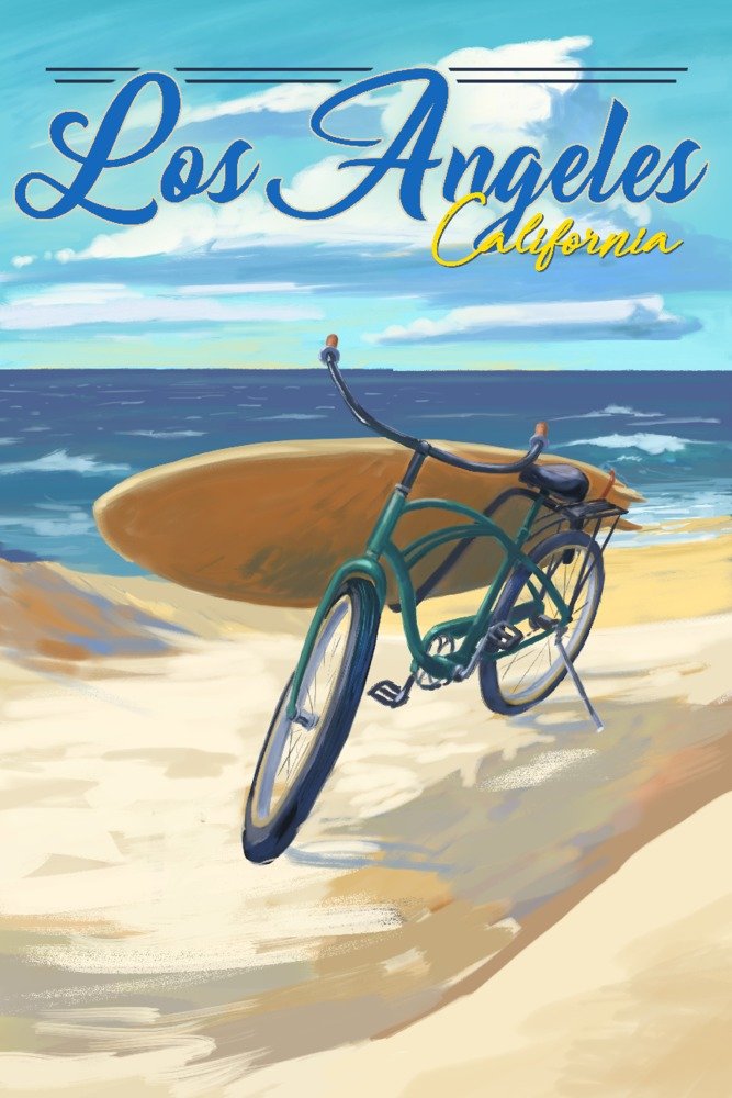 California Beach Cruiser and Surfboard Art Print - 36x54 Giclee Gallery Wall Decor | Los Angeles Coastal Travel Poster for Beach House, Surf Shop & Vacation Home Decor