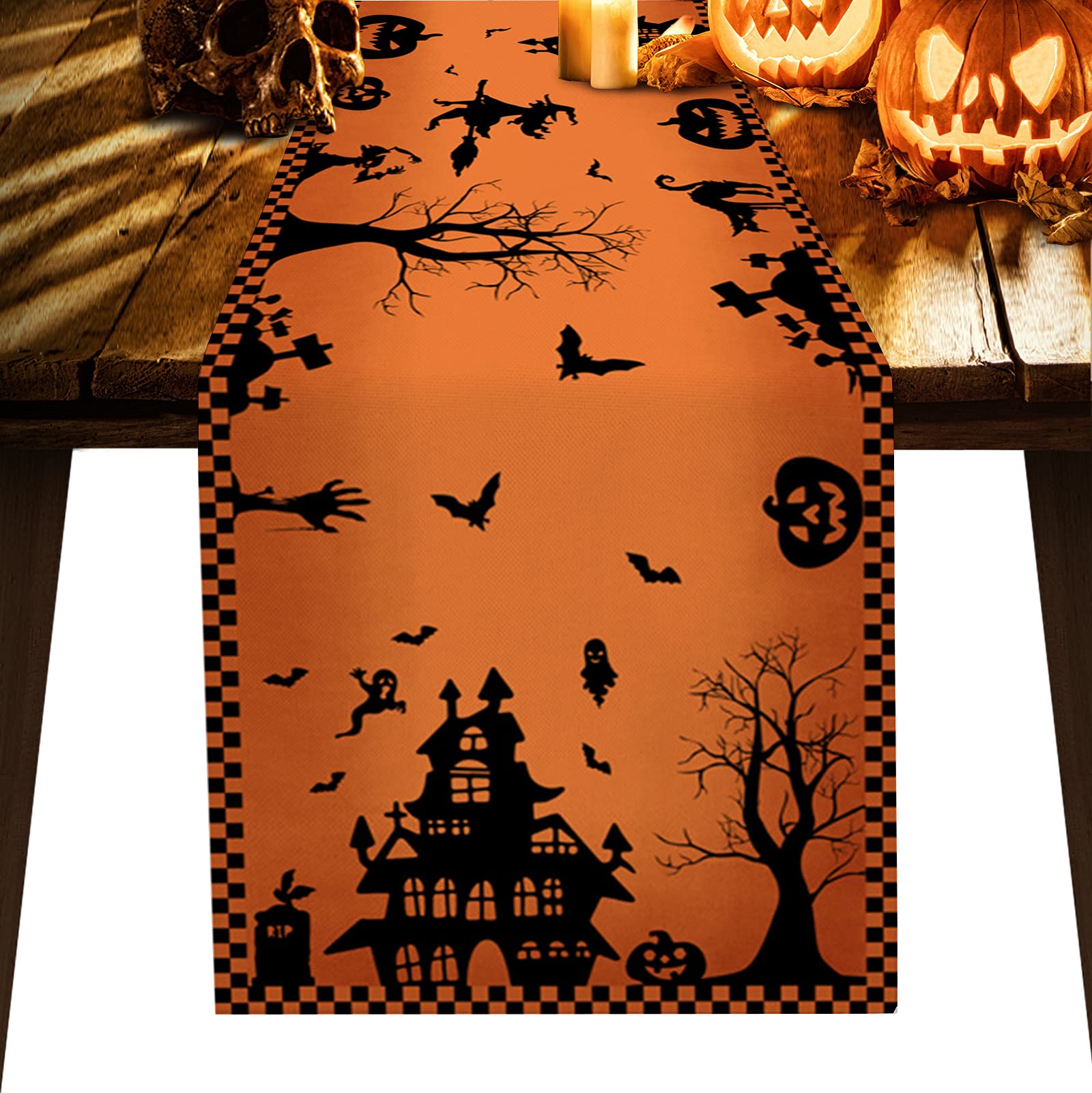18x72 Inches Holiday Dining Table Runner - Farmhouse Cotton Linen Table Decor for Parties, Weddings & Halloween - Old Castle with Bats, Raven & Dead Tree Black Plaid Design - Perfect for Thanksgiving, Christmas Dinner & Gothic Home Decor