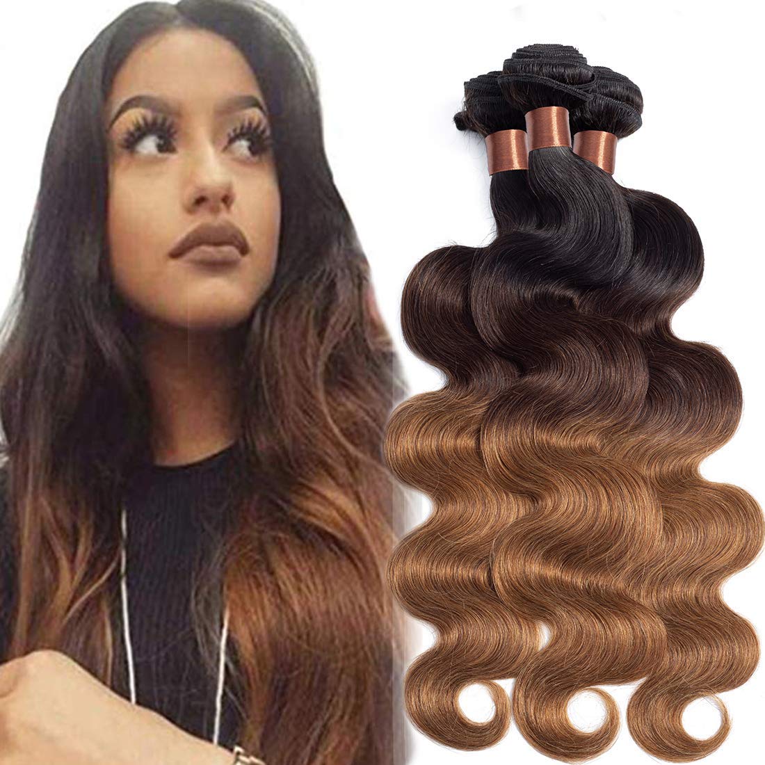 100% Unprocessed Brazilian Virgin Human Hair Extensions - 3 Bundles Ombre 1B/4/30 Color Body Wave for Natural Look (20 22 24 Inches) | Perfect for Daily Styling, Parties & Special Occasions