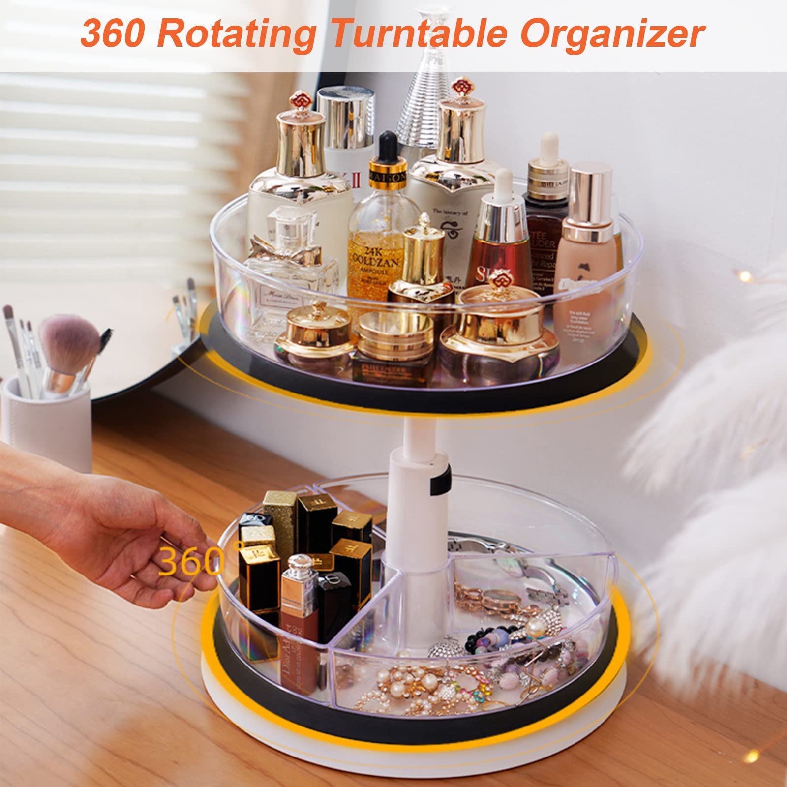 2-Tier Turntable Organizer - 11 Inch Height Adjustable Rotating Spice Rack with Non-Slip Base for Kitchen Countertop, Bathroom, Makeup Storage | Space-Saving Cabinet Organizer for Pantry, Vanity & Office Supplies