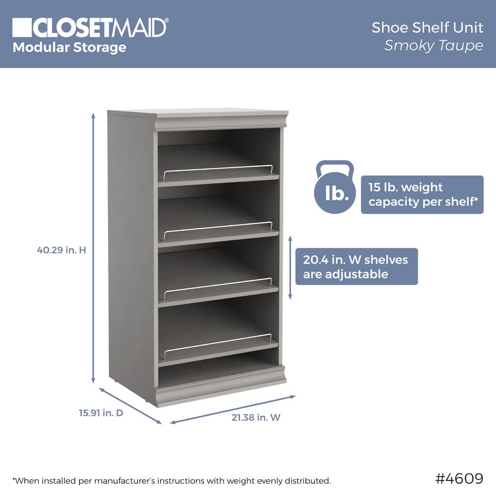 ClosetMaid Modular Storage Shelf Unit with Angled Shoe Shelves - Space Saving Closet Organizer for Shoes, Handbags & Accessories - Taupe Finish for Bedroom, Closet or Entryway Organization