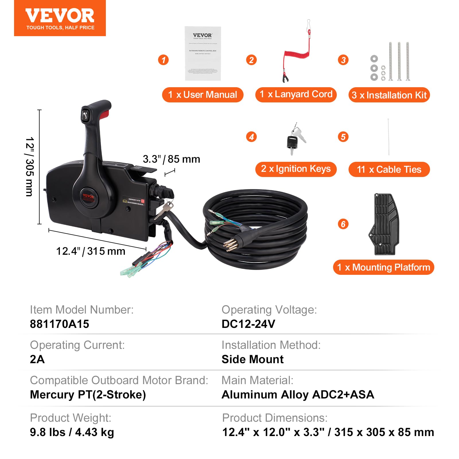 VEVOR Marine Boat Throttle Control Box - Side-Mounted Outboard Remote Control for Mercury PT 2-Stroke Engines with Power Trim Switch | 16.3ft 8+4 Pin Harness & Safety Lanyard | Perfect for Fishing Boats, Speedboats & Water Sports