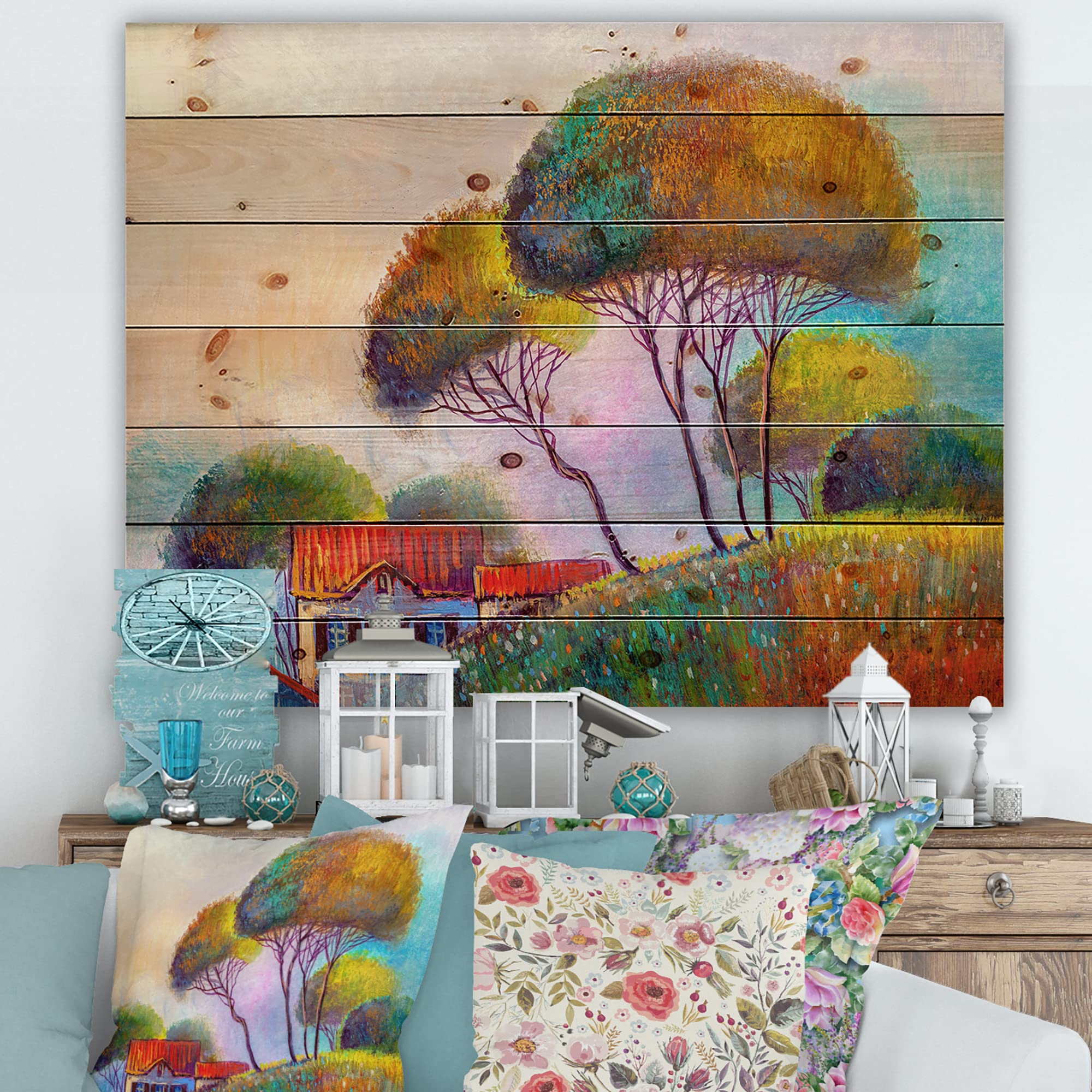 Modern Wood Wall Art - Country House Landscape on Pine for Home Decor