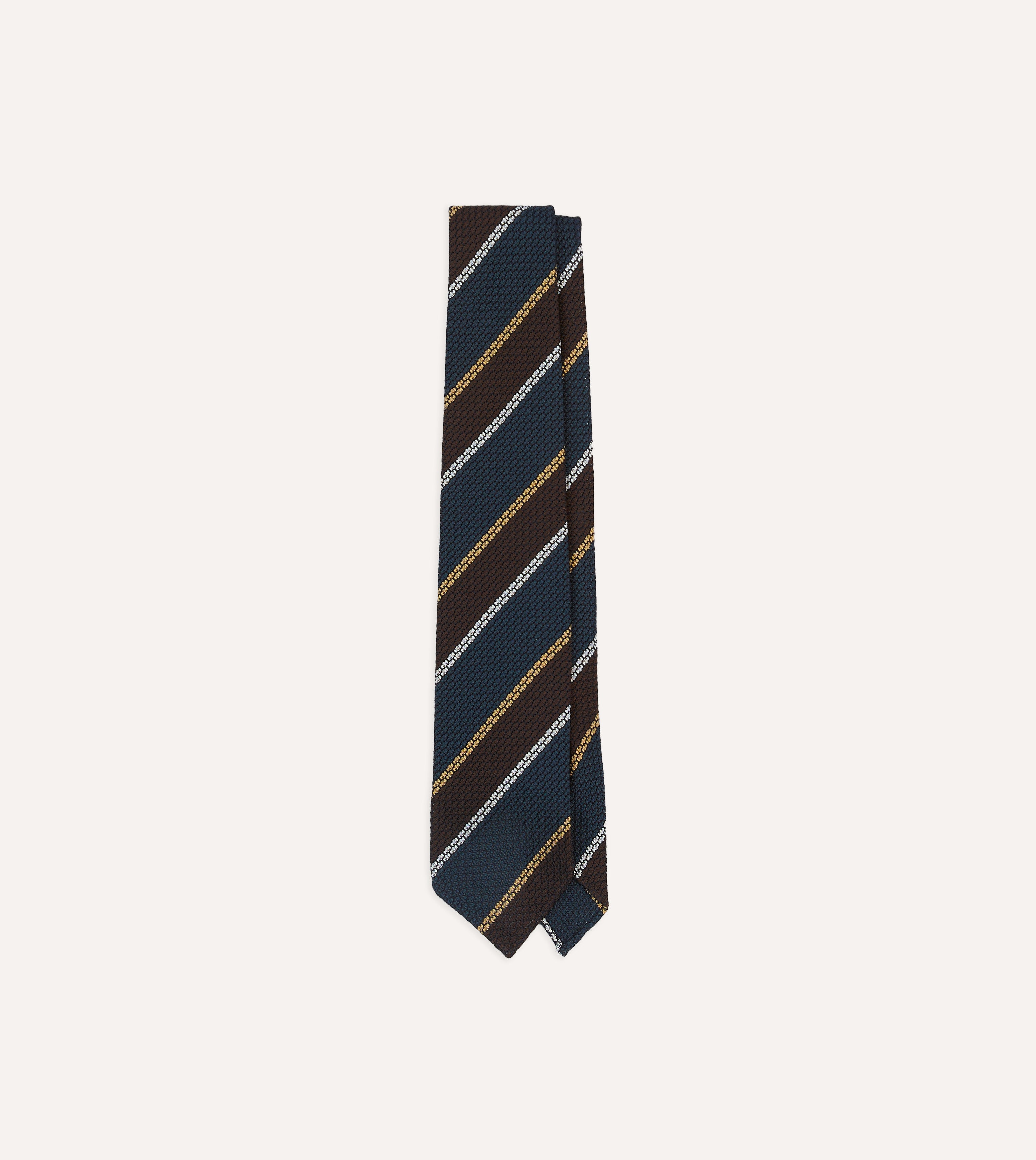 Premium Navy, White & Brown Striped Hand-Rolled Silk Grenadine Necktie for Men - Perfect for Weddings, Business Meetings & Formal Occasions
