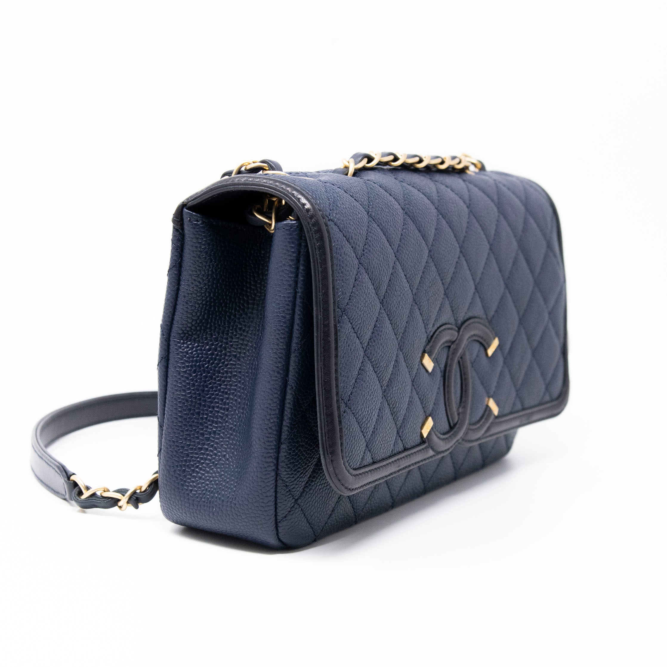 Chanel Navy Blue Medium Filigree Flap Bag - Luxury Designer Crossbody Purse for Women | Perfect for Date Night, Parties & Special Occasions