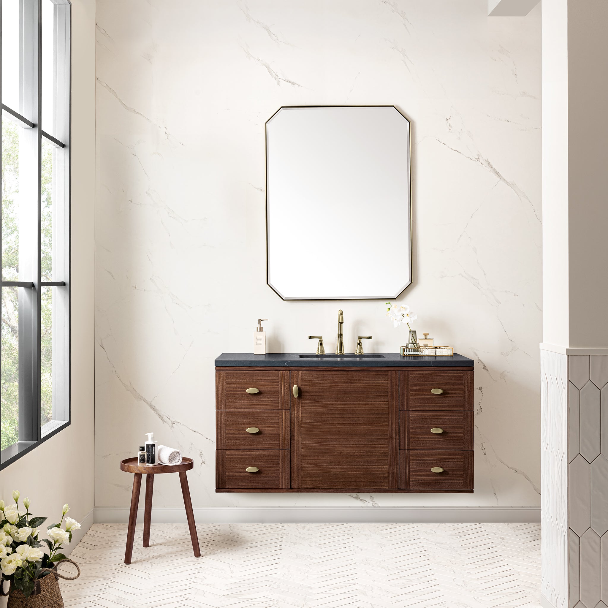 Amberly 48 Inch Single Bathroom Vanity with Mid Century Walnut Finish & 3CM Charcoal Soapstone Top - Perfect for Modern Farmhouse, Scandinavian & Coastal Bathroom Designs