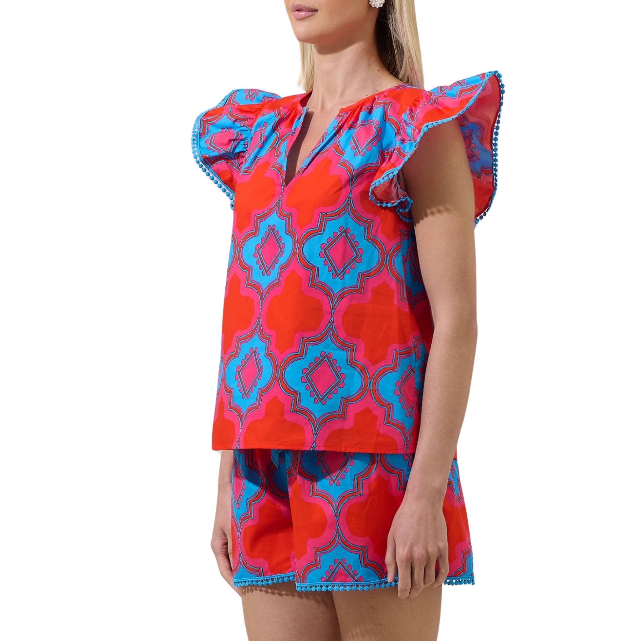 Devany Women's Mix Media Carya Ruffle Poplin Blouse - Elegant Floral Print Summer Tops for Casual Wear & Office Outfits