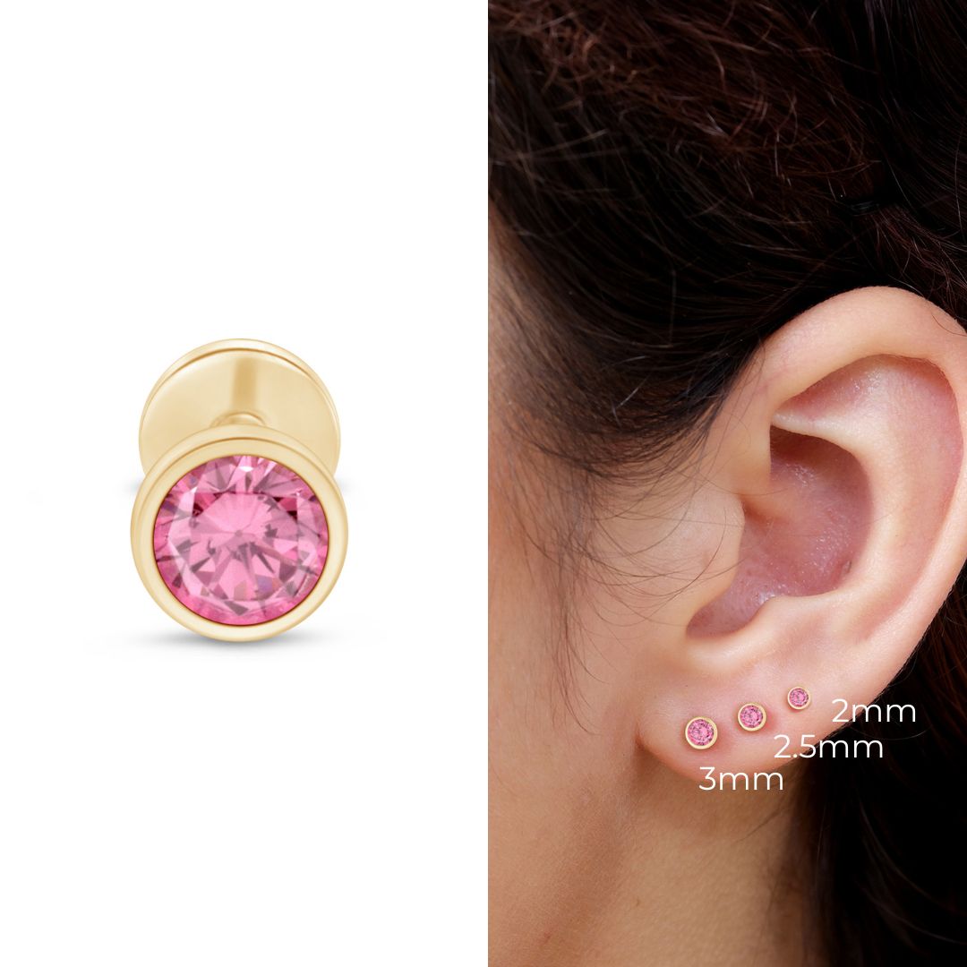 14K Yellow Gold Round Pink Tourmaline Stud Earrings - Bezel Set Flat Back Earrings for Women, Perfect for Everyday Wear & Special Occasions