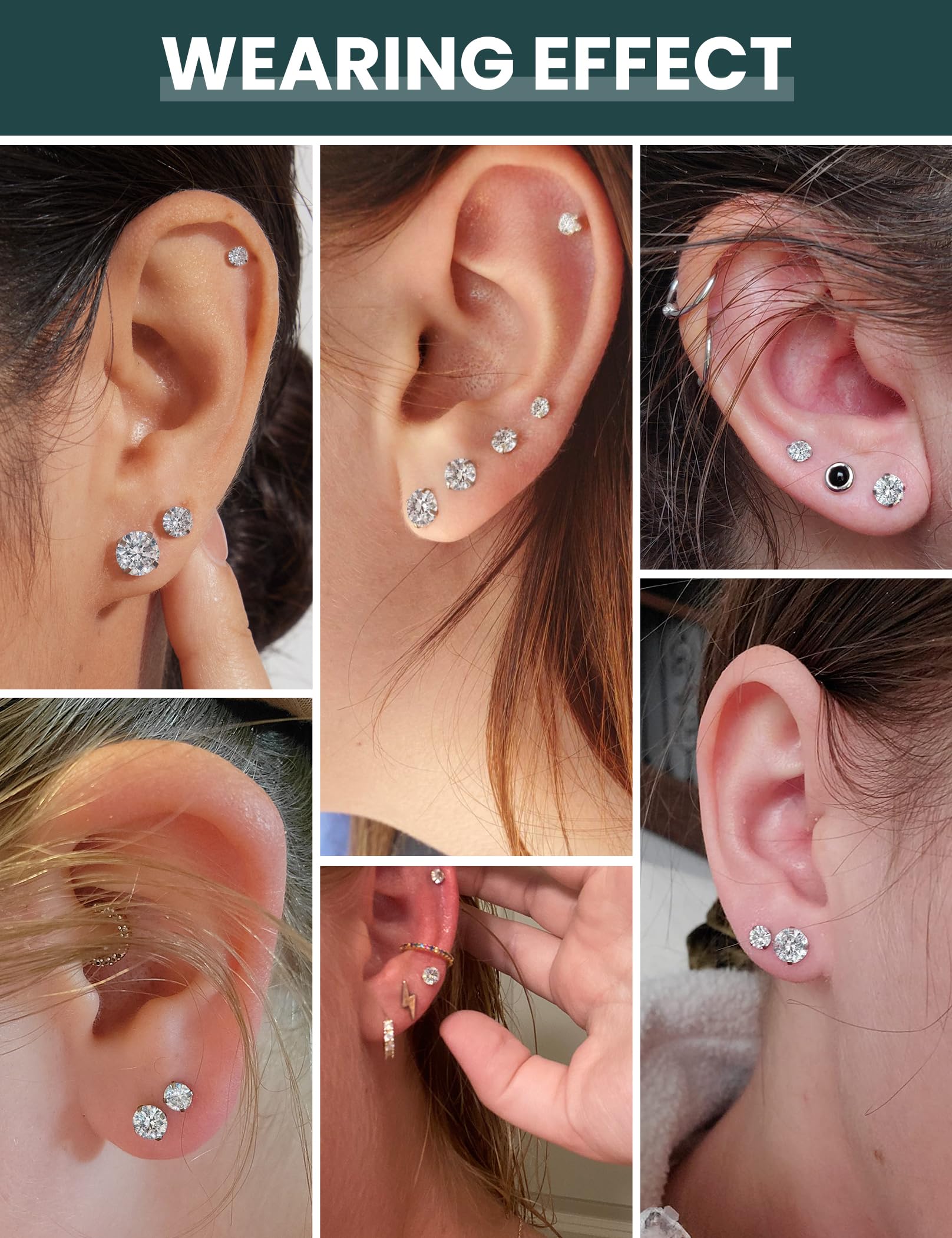 6 Pairs Hypoallergenic Cubic Zirconia Earrings - Surgical Steel Flat Back Studs for Cartilage Piercing | Screw Back Fashion Jewelry for Women | Perfect for Daily Wear, Parties & Gifts