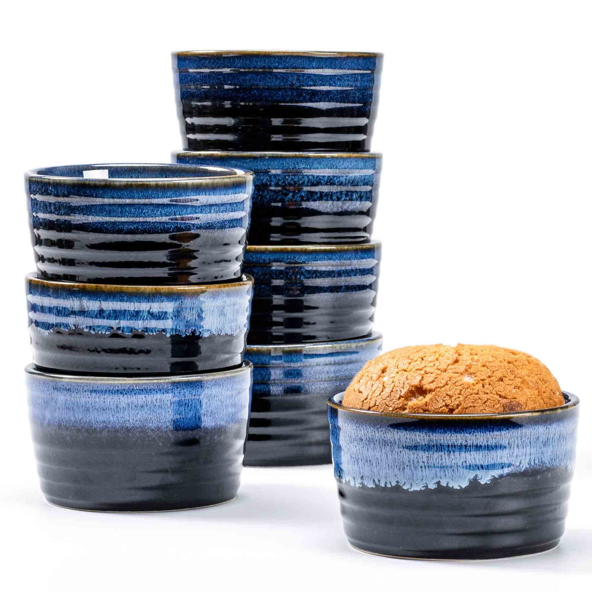 8 oz Ceramic Ramekins Set of 8 - Oven Safe Souffle Dishes for Baking & Desserts (Blue)