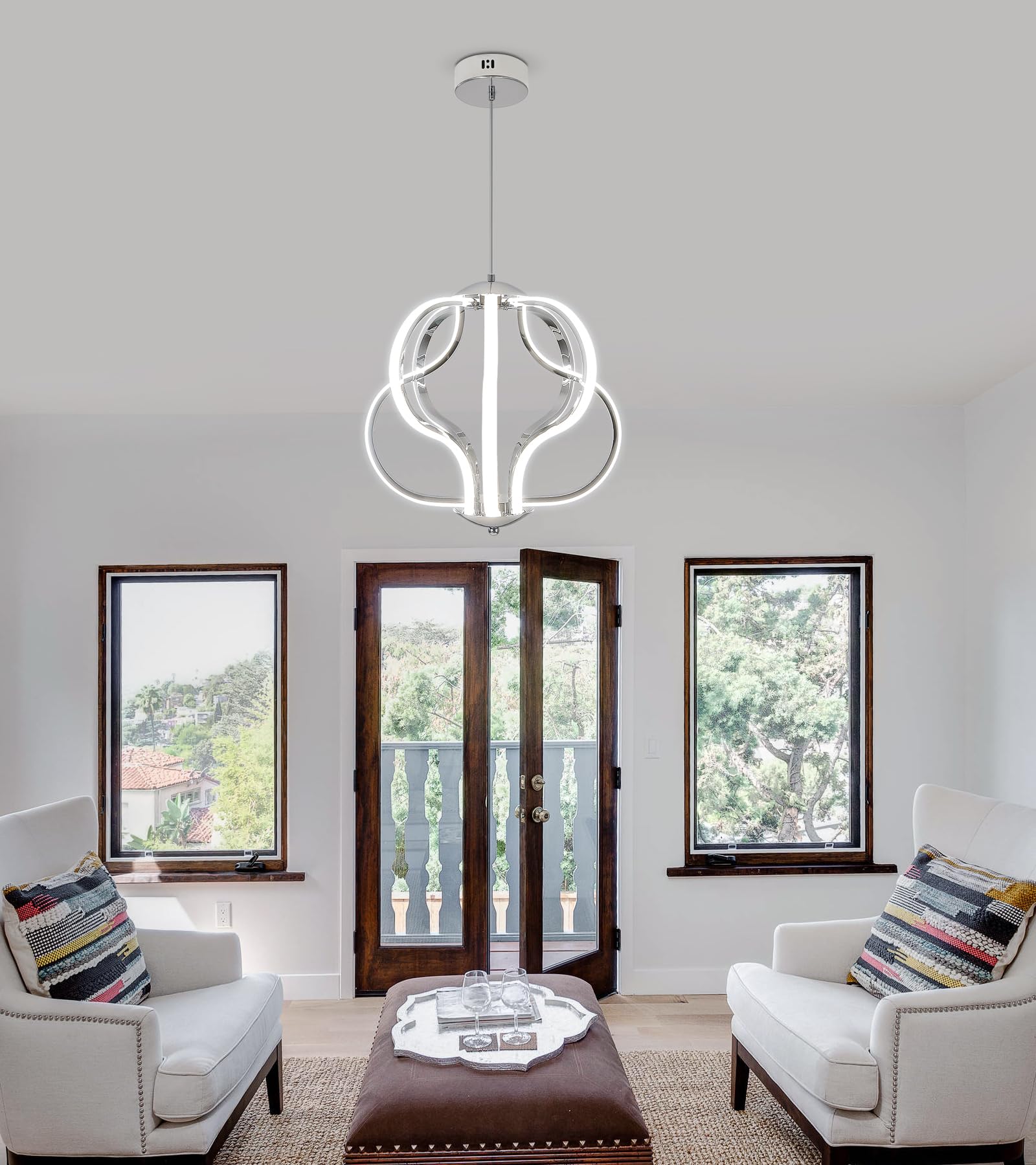 Modern LED Chandelier with Chrome Finish - 8-Light Hanging Pendant Lighting Fixture for Dining Room, Foyer, Entryway, Kitchen & Living Room - Perfect for Home Decor and Ambient Lighting