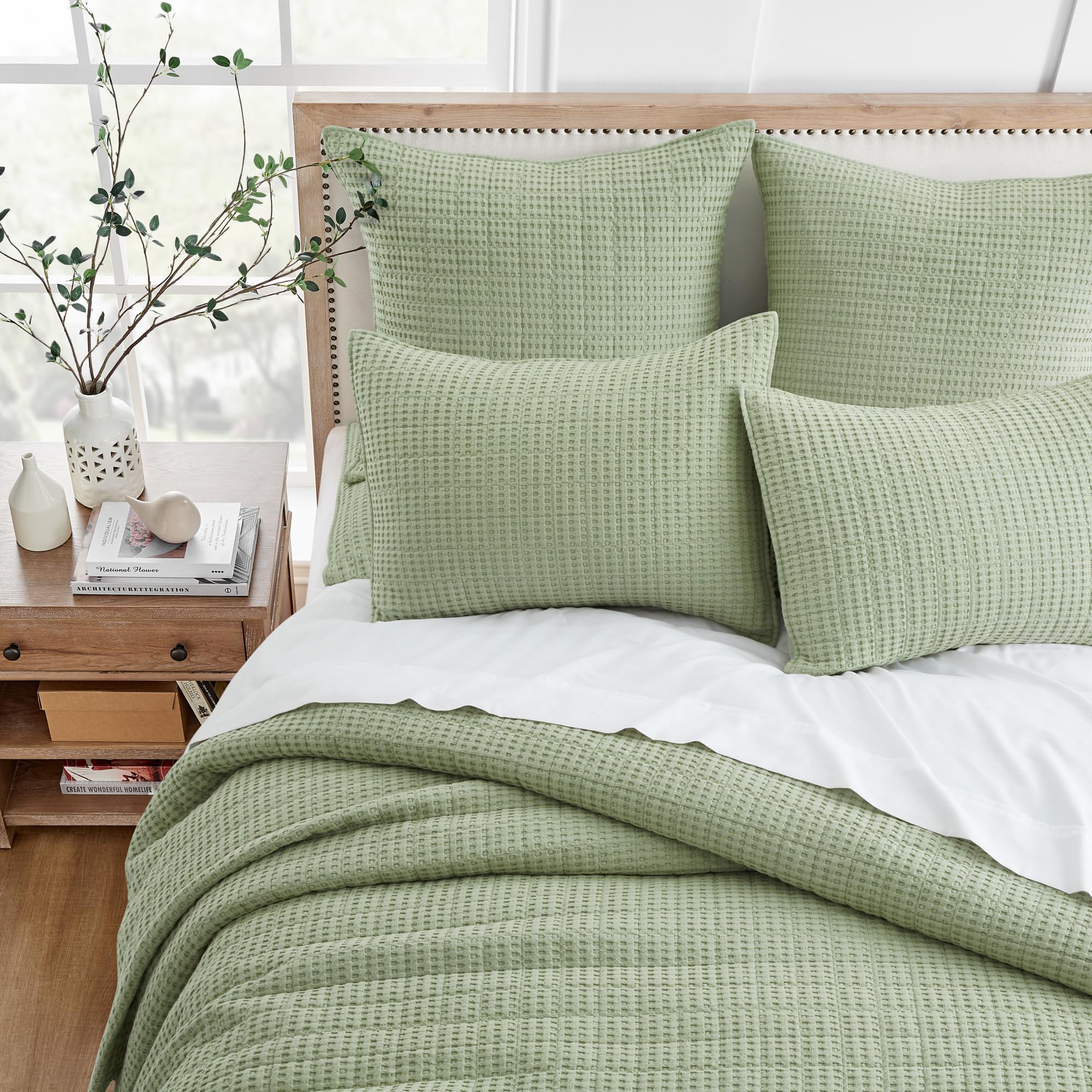 Levtex Home Mills Waffle King Quilted Bedspread Set - Desert Sage Cotton Waffle Weave Bedding - 120