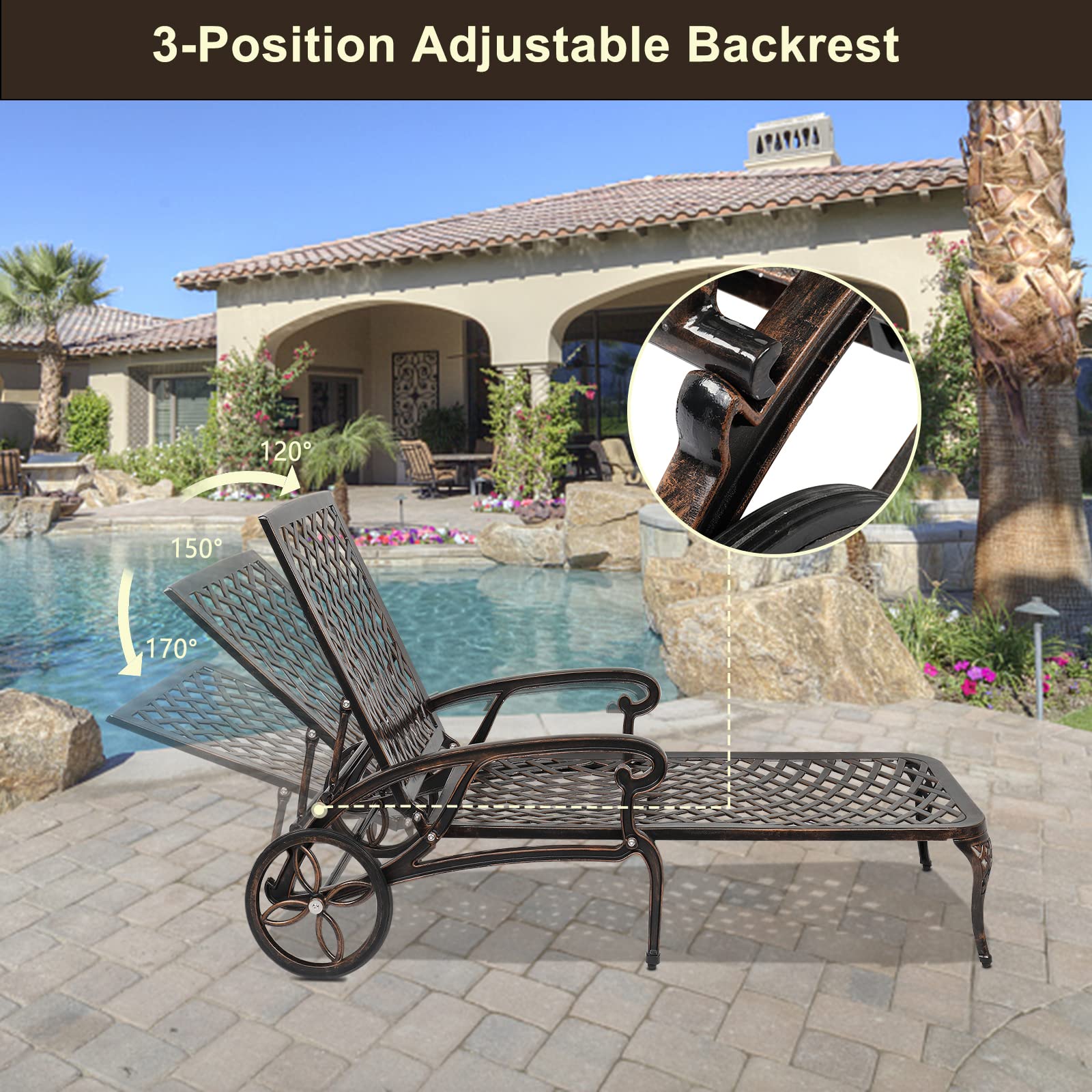 VINGLI Heavy Duty Cast Aluminum Outdoor Chaise Lounge Chair with Wheels - 3-Position Adjustable Backrest Patio Sunbathing Chair for Poolside, Beach & Backyard Relaxation (Bronze, Cushion Not Included)