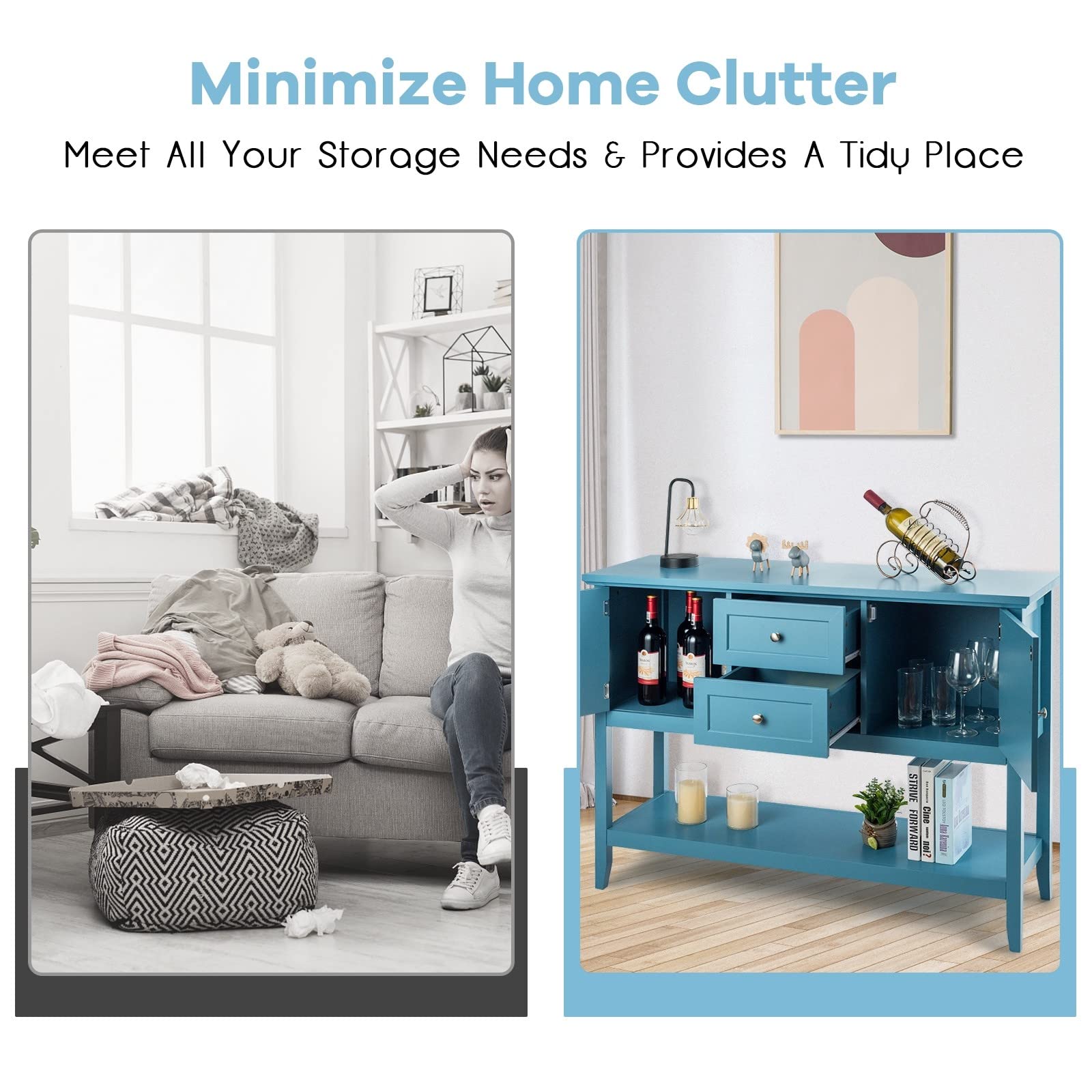 Moccha Buffet Sideboard - Wooden Console Table with 2 Drawers & 2 Storage Cabinets, Bottom Shelf - Perfect for Living Room, Kitchen, Dining Room & Hallway Decor (Aqua Blue) - Ideal for Entertaining, Storage & Home Organization