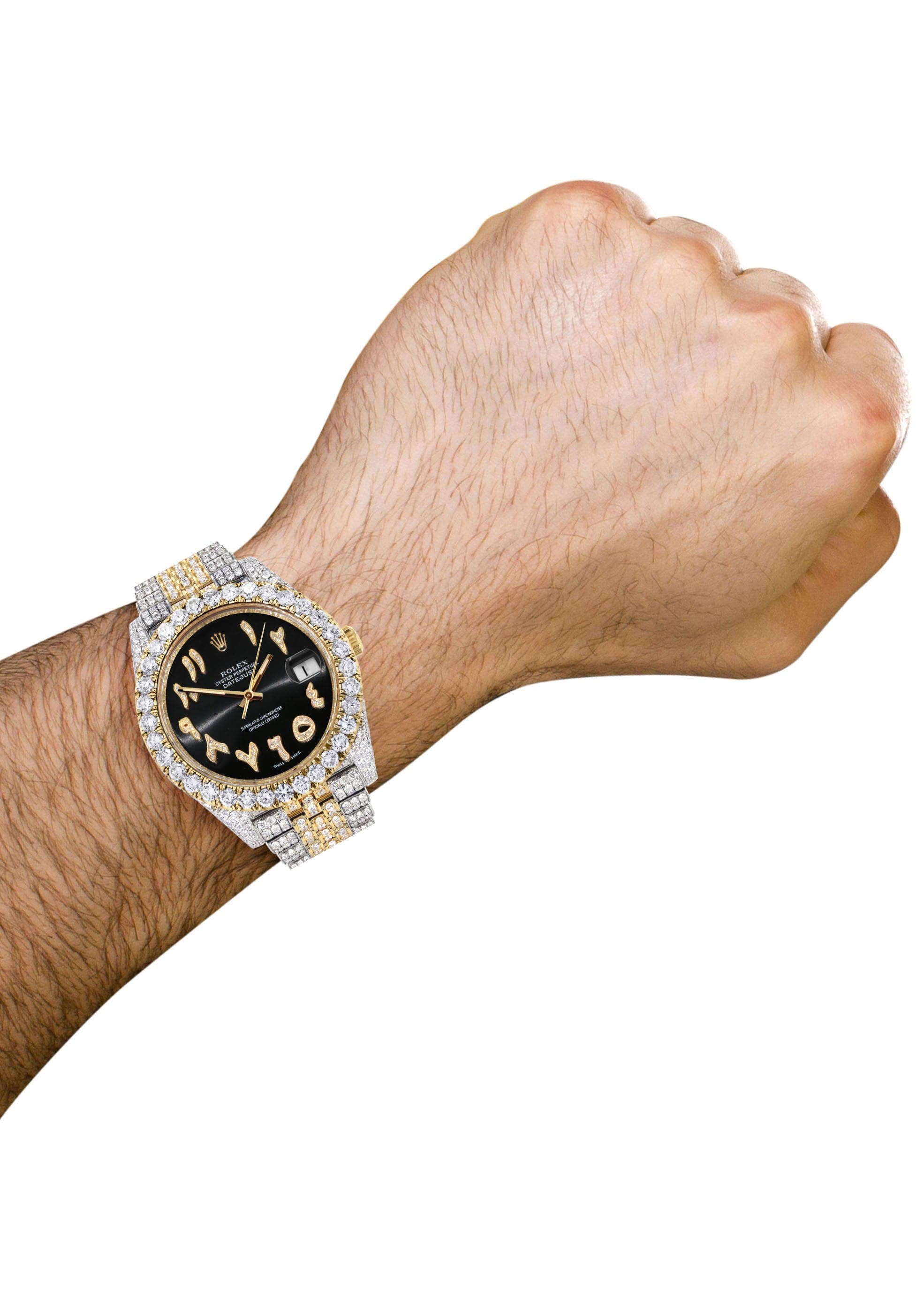 Luxury Diamond Iced Out Rolex Datejust 41 Watch - 25 Carats Genuine Diamonds | Custom Black Arabic Numeral Diamond Dial | Two-Tone Gold & Steel | Jubilee Bracelet | Perfect for Gifts, Special Occasions & Luxury Fashion Statements