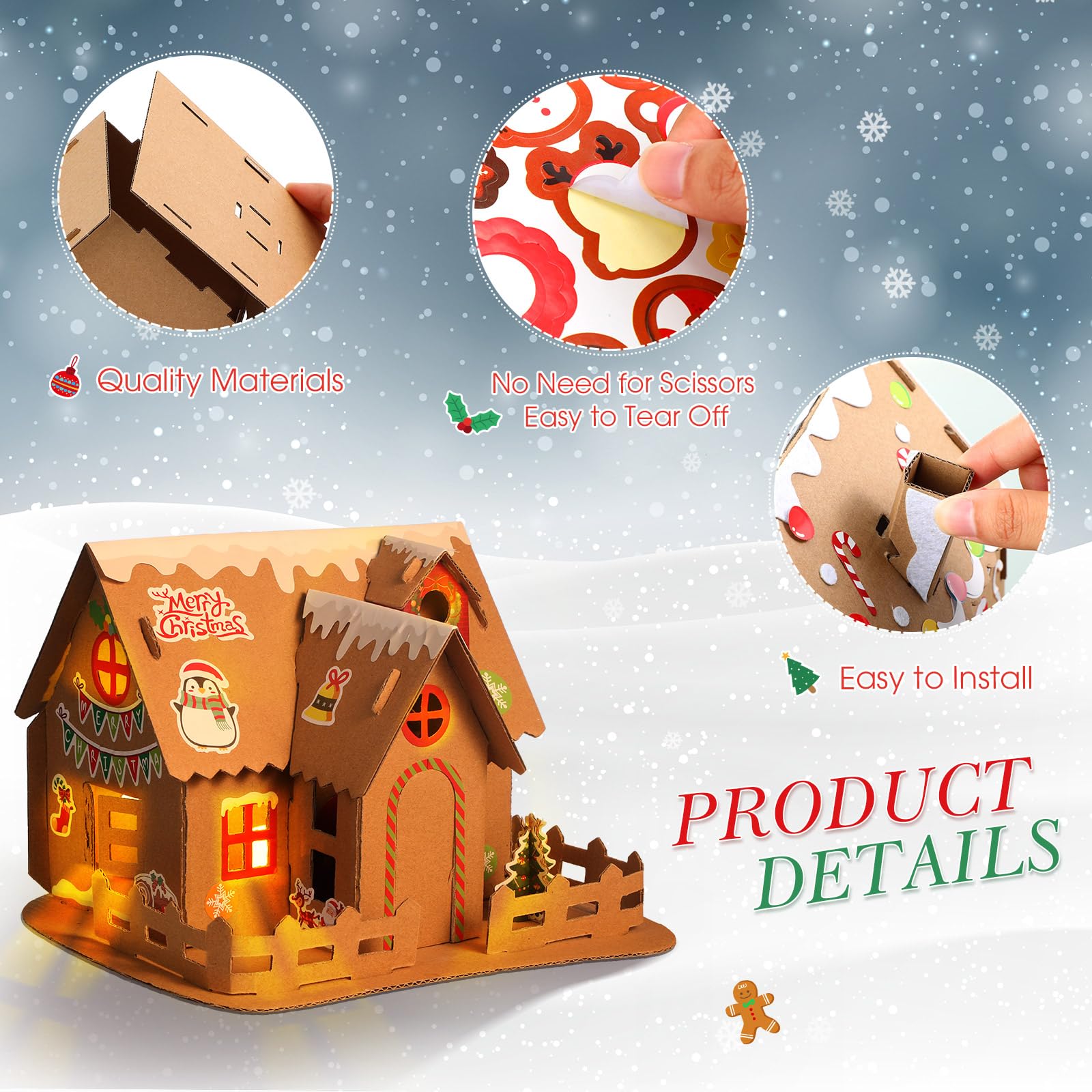 Hiboom 16-Piece Christmas Gingerbread House Craft Kit - DIY 3D Holiday Decorations for Kids, Boys & Girls - Perfect for Xmas Party Games, Classroom Activities & Family Crafting Fun