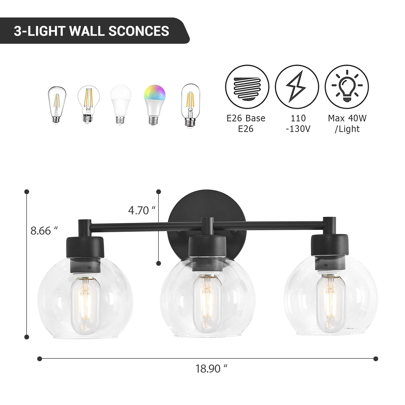 3-Light Black Round Bathroom Vanity Light Fixture with Clear Globe Glass - Matte Black Wall Sconce for Mirror, Bedroom, Living Room & Kitchen - Perfect for Modern Home Decor and Bathroom Makeovers
