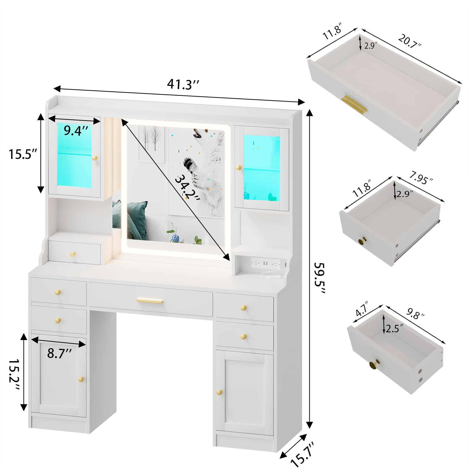 White Makeup Vanity Desk with Mirror & LED Lights - Large Dressing Table Set with Charging Station, RGB Cabinets & 3 Light Modes - Perfect for Bedroom, Salon, or Bridal Makeup Area