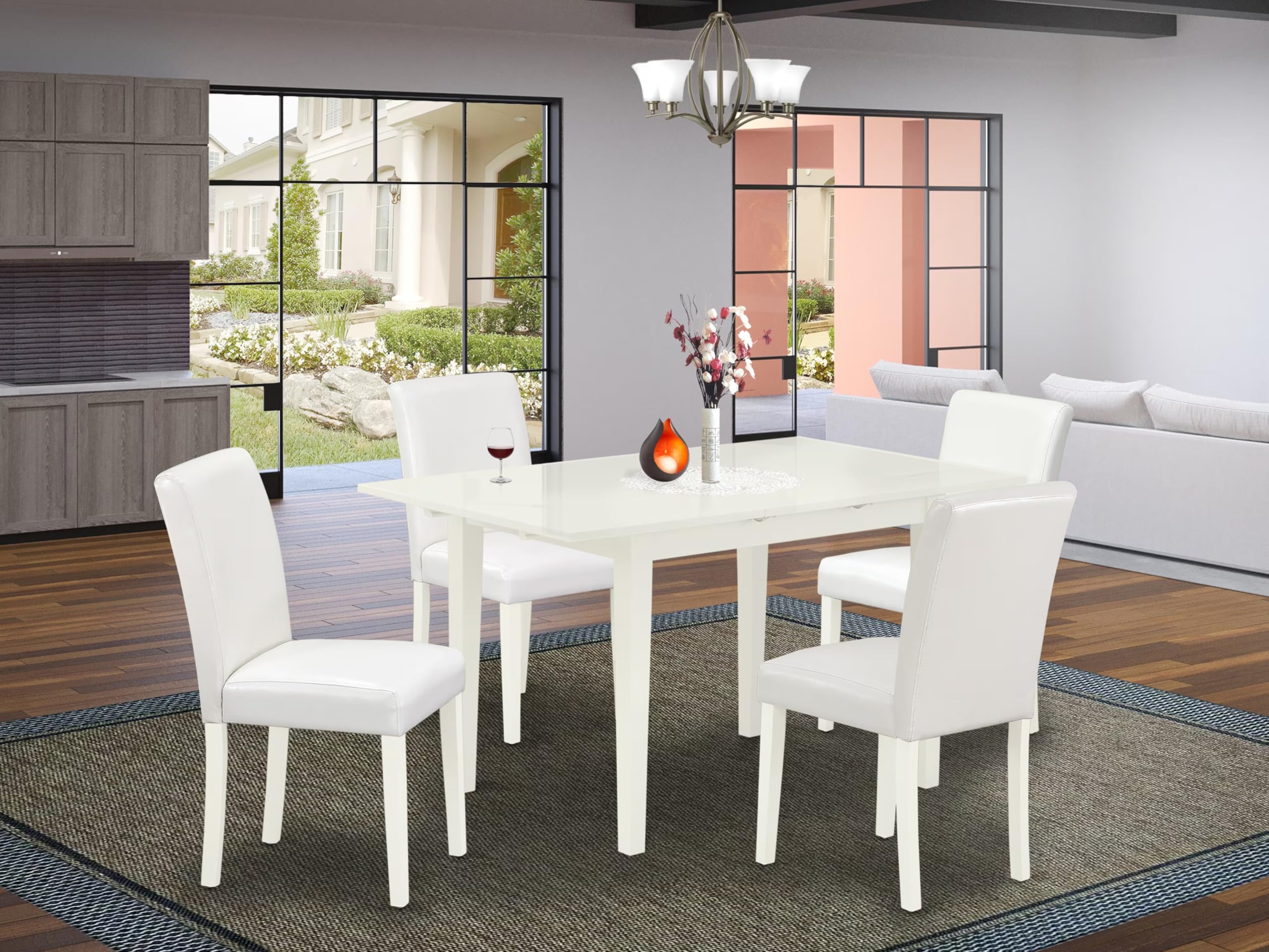 East West Furniture 5-Piece Modern Dining Room Set - 32x54 Inch Rectangle Wooden Table with Butterfly Leaf & 4 White Faux Leather Chairs - Linen White - Perfect for Small Spaces, Apartments & Contemporary Home Decor