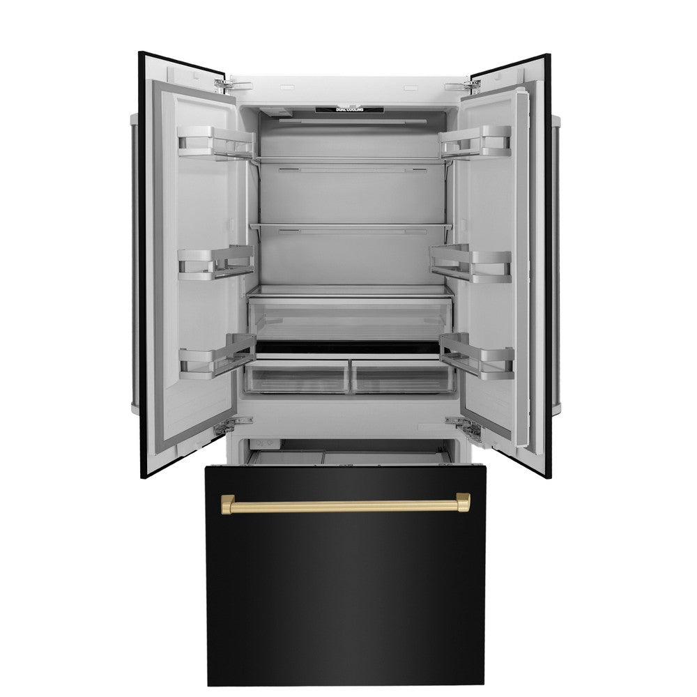 ZLINE Autograph Edition 36 Inch French Door Built-In Bottom Freezer Refrigerator - 19.6 cu ft Capacity, Black Stainless Steel with Champagne Bronze Accents, Water Dispenser & Ice Maker - Perfect for Modern Kitchens, Open Concept Homes & Luxury Appliances Collection