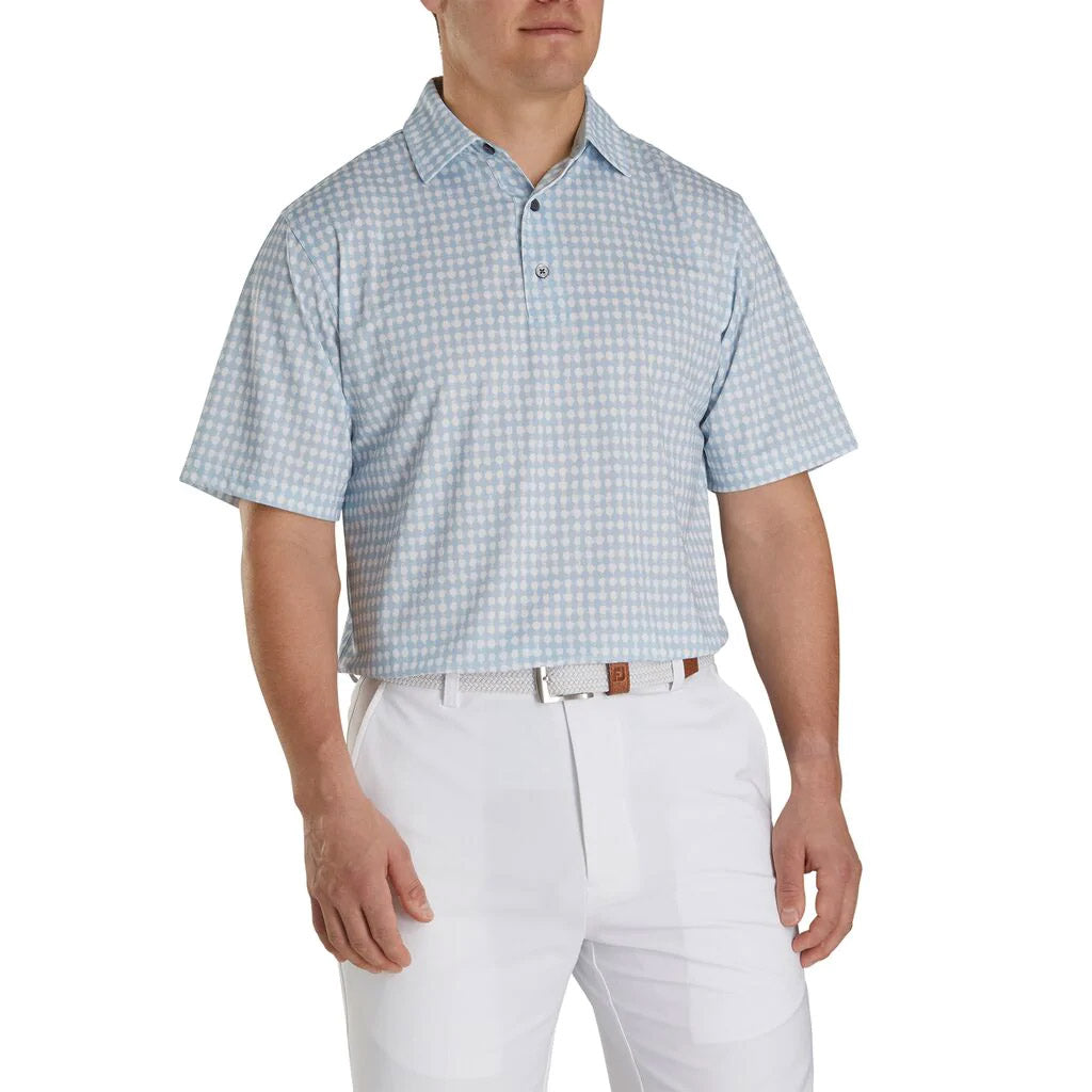 FootJoy Lisle Gingham Fray Print Self Collar White Men's Golf Polo Shirt - Moisture Wicking & UV Protection for Comfortable Golfing & Outdoor Activities