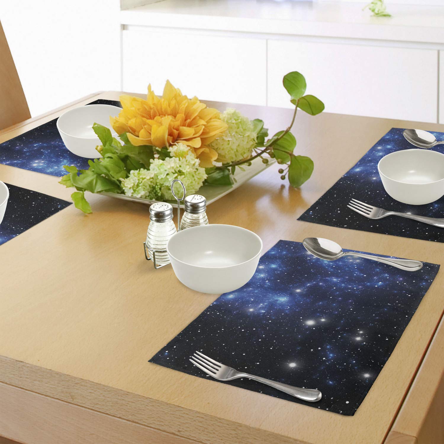 Ambesonne 4-Piece Constellation Placemats Set - Outer Space Star Nebula Galaxy Design, Washable Fabric Dining Table Mats for Kitchen & Home Decor (Blue Black White) | Perfect for Astronomy Lovers, Dinner Parties & Cosmic-Themed Decorations