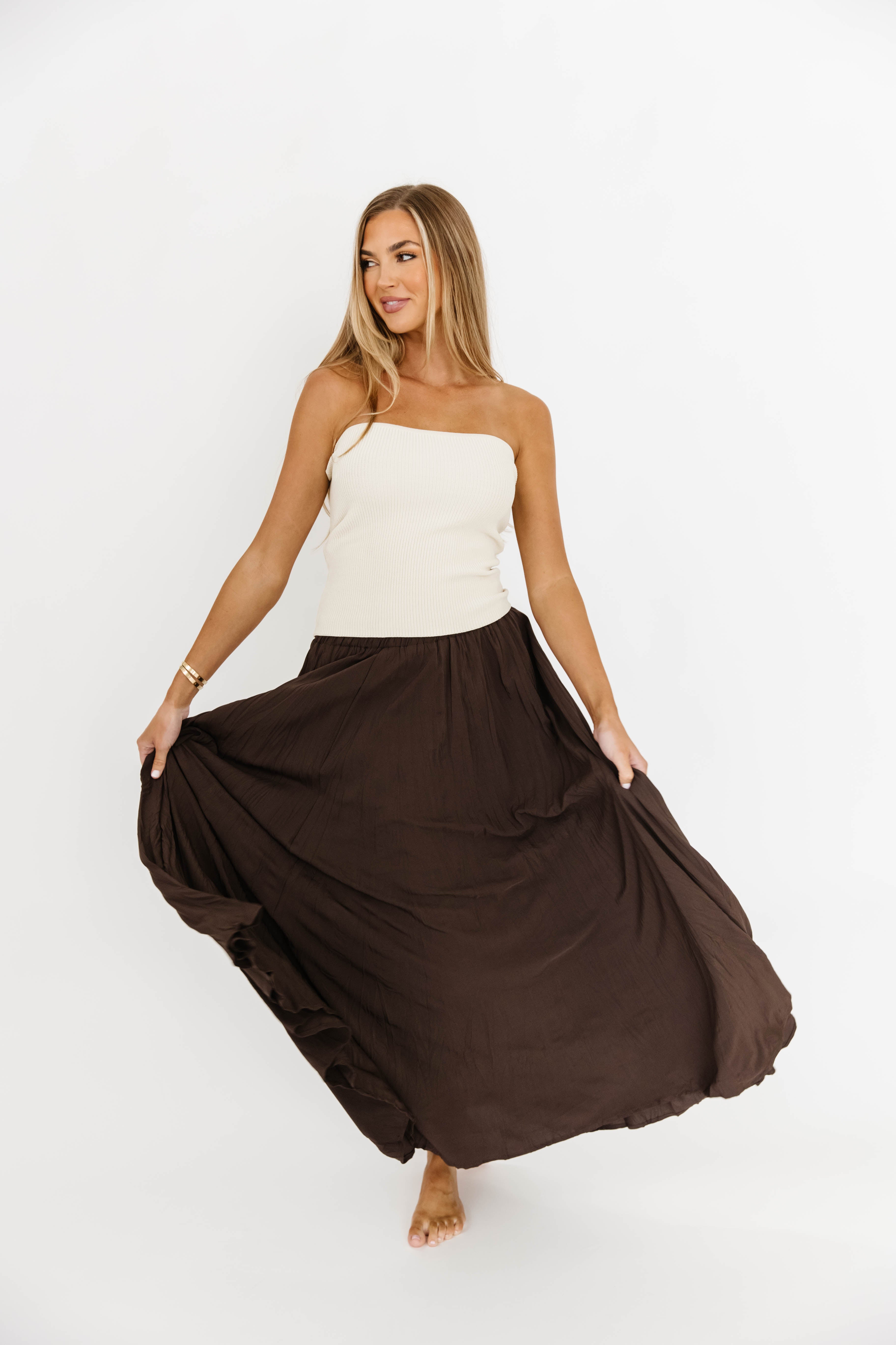 Apolline Crinkle Maxi Skirt in Dark Brown - Flowy Boho Long Skirt for Women | Perfect for Beach, Vacation & Summer Outfits