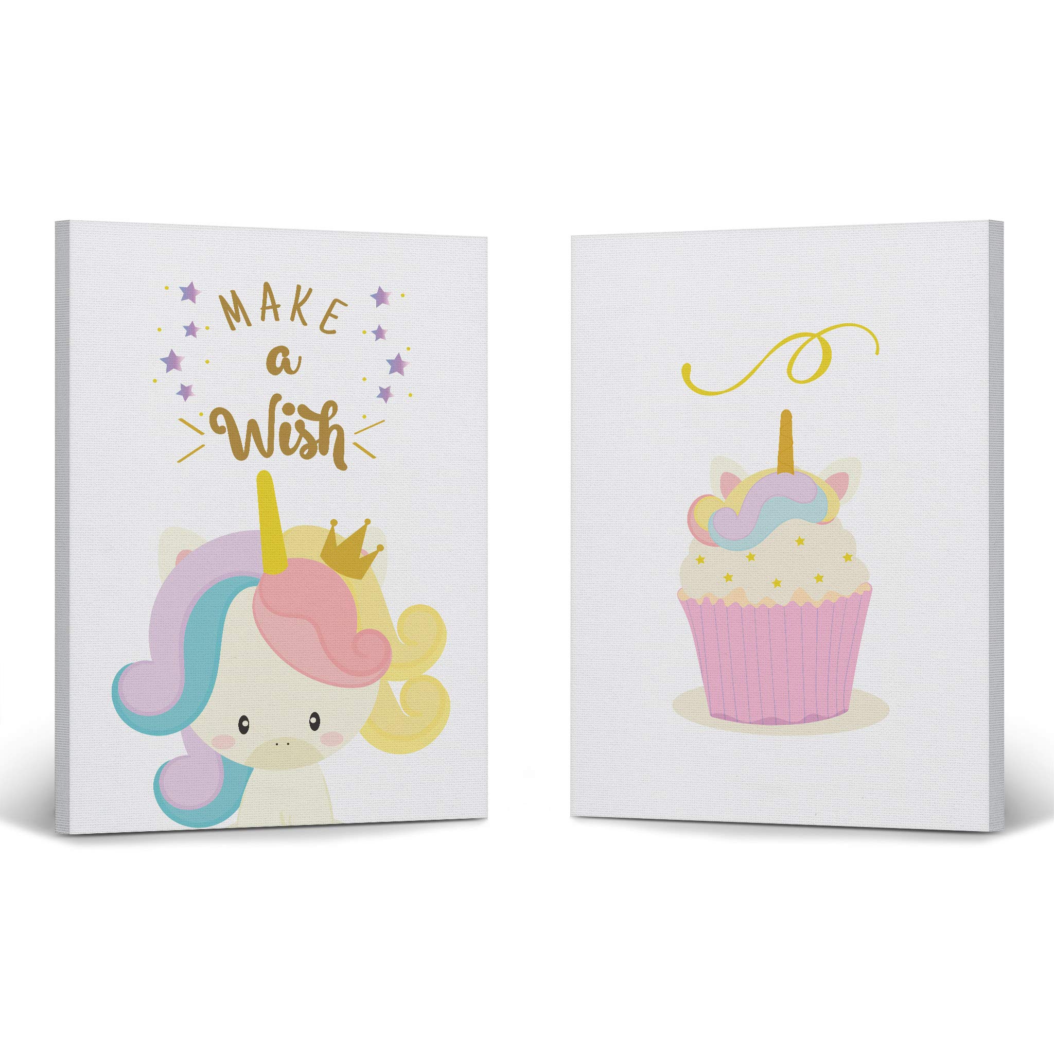 Smile Art Design Cupcake & Unicorn Wall Art Canvas Print Set - 2 Panels (40x30 inches) | Inspirational Make a Wish Quote | Perfect for Kids Room, Nursery & Baby Room Decor | Made in USA | Great for Birthday Gifts, Baby Showers & Unicorn Themed Parties