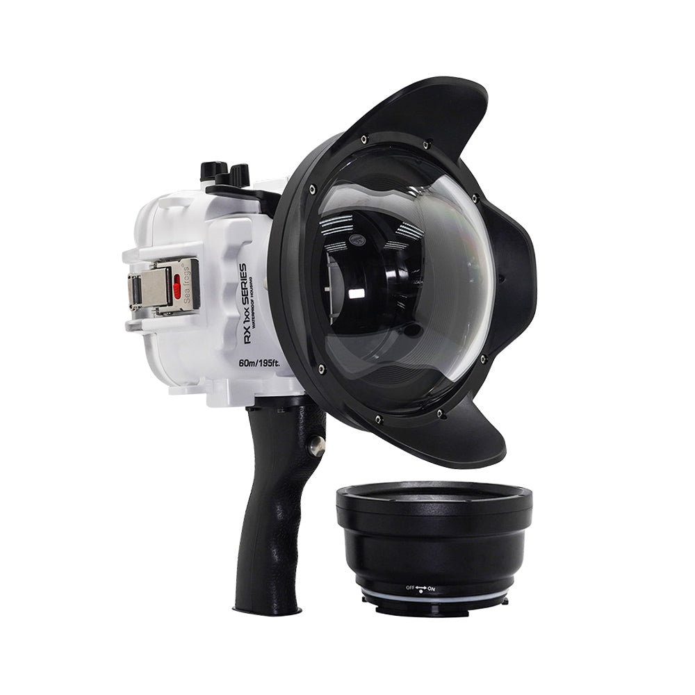 Waterproof Housing for Sony RX1xx Series - 60M/195FT Depth Rating, Salted Line with Pistol Grip & 6 Dry Dome Port (White) - Perfect for Underwater Photography, Scuba Diving, and Marine Exploration