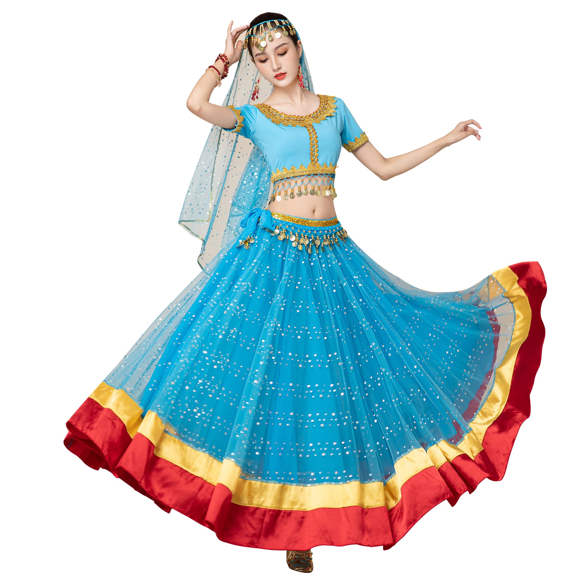 MISI CHAO Women's Belly Dance Costume - Elegant Bollywood Chiffon Dress with Head Veil for Halloween, Party & Performance | Perfect for Dance Shows, Cultural Events & Themed Parties