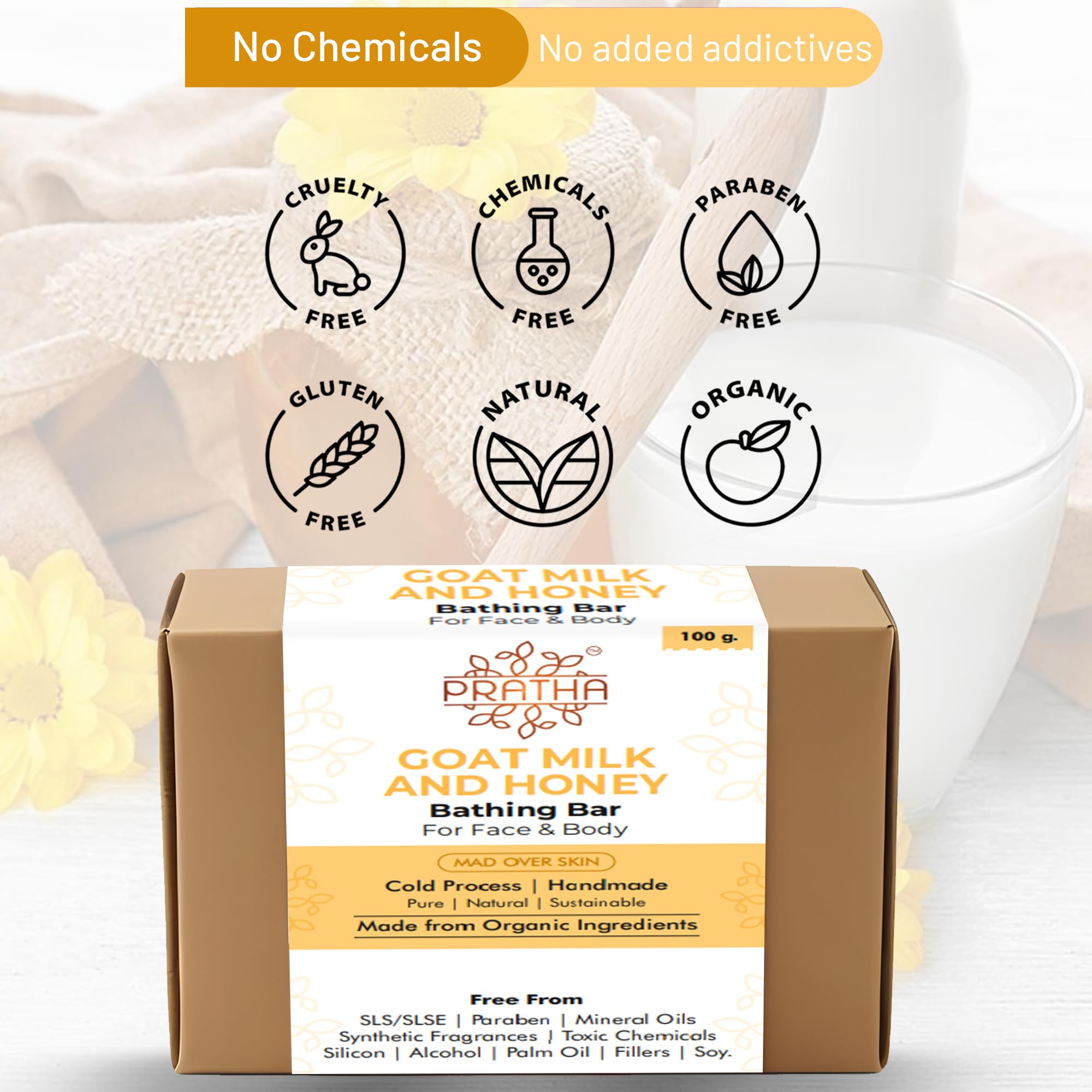 Pratha Naturals 100% Pure Goat Milk & Honey Cold Process Soap - 100g Handmade Natural Bar for Sensitive Skin & Daily Bathing - Perfect for Dry Skin Care & Gentle Cleansing