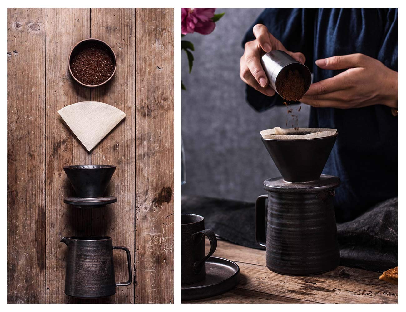 Handmade Stoneware Pour Over Coffee Maker Set with Dripper Cone Filter, 16oz Coffee Decanter & Espresso Cups - Retro Metallic Glazed Annular Veins Design for Home Brewing, Office Use & Gift Giving