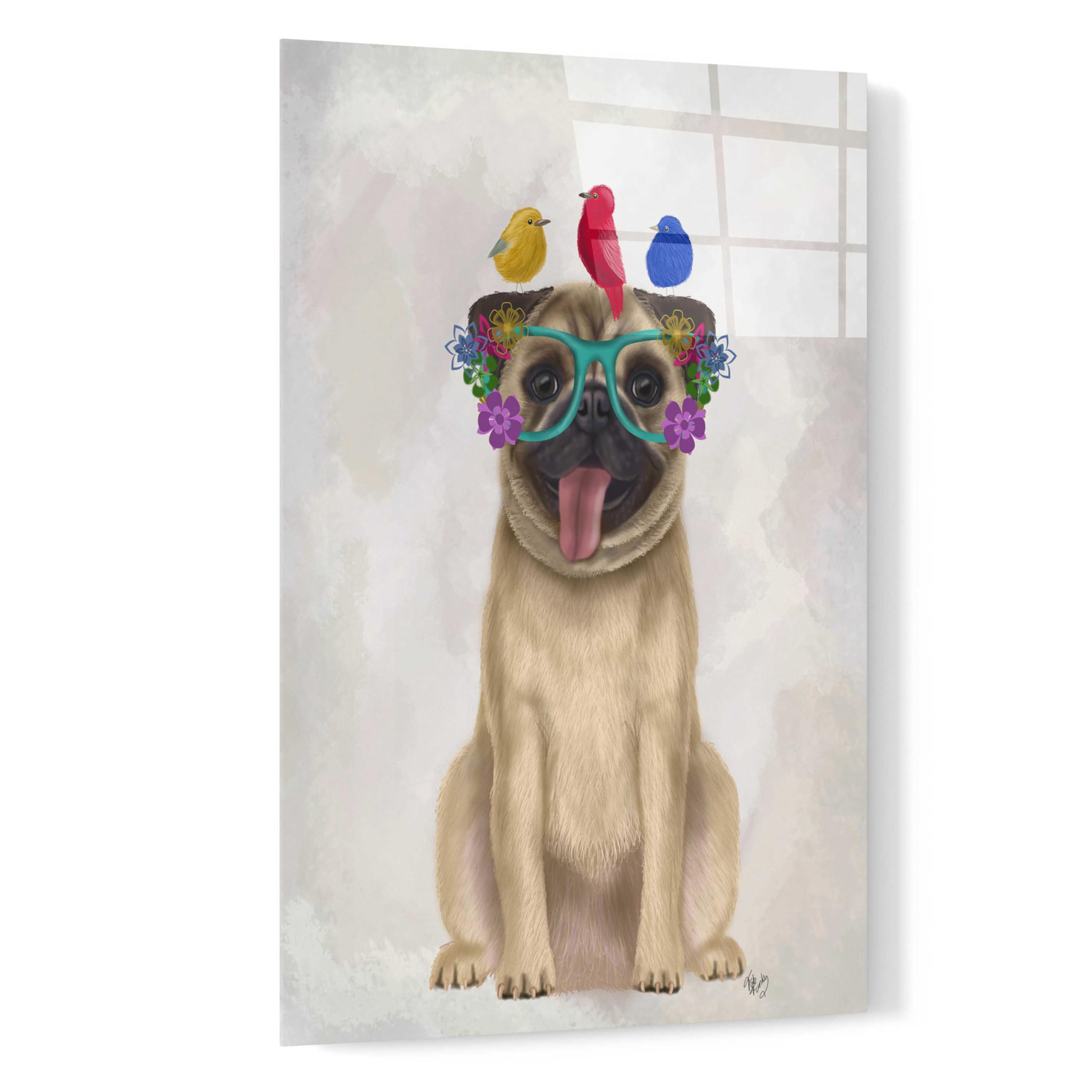 Fab Funky 'Pug and Flower Glasses' Acrylic Wall Art - 16x24 Inch Modern Dog Painting - Perfect for Living Room, Bedroom & Office Decor