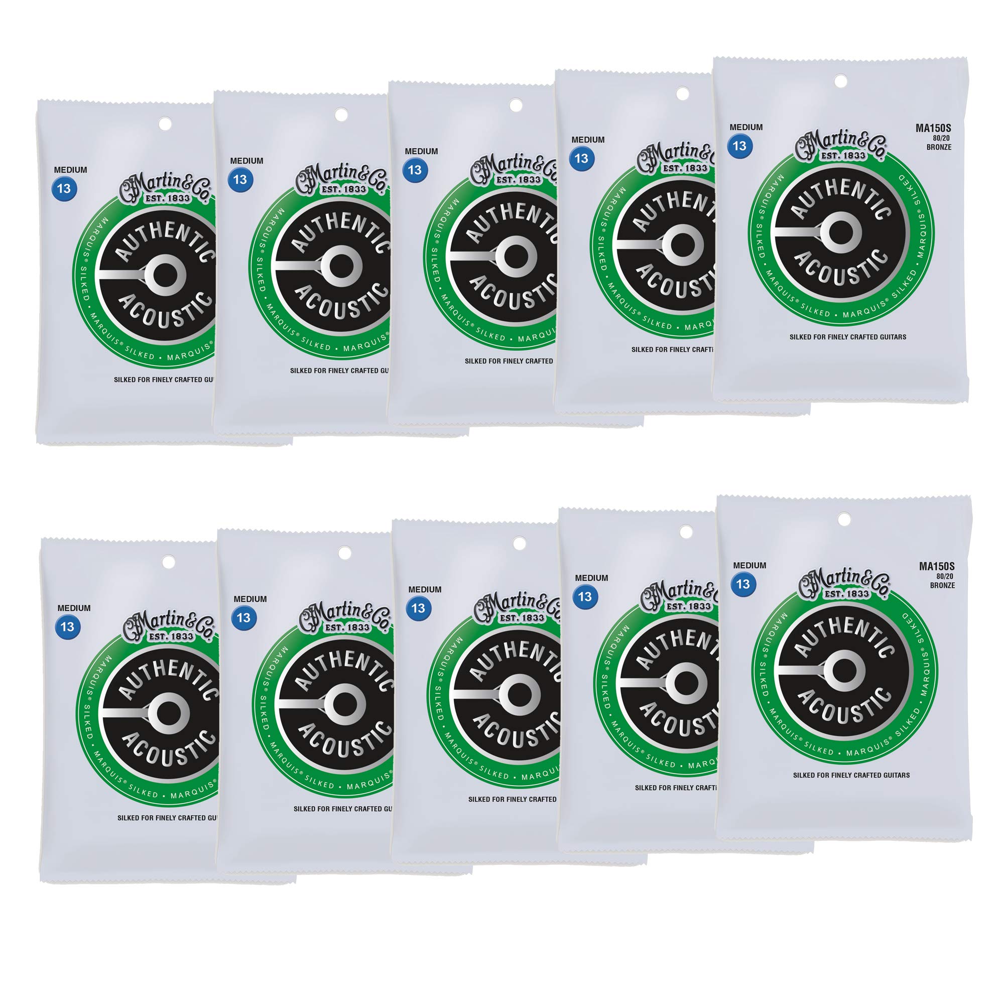 Martin MA150S Authentic Acoustic Guitar Strings 80/20 Bronze Medium 13-56 (10-Pack Bundle) - Perfect for Live Performances, Studio Recording & Professional Musicians