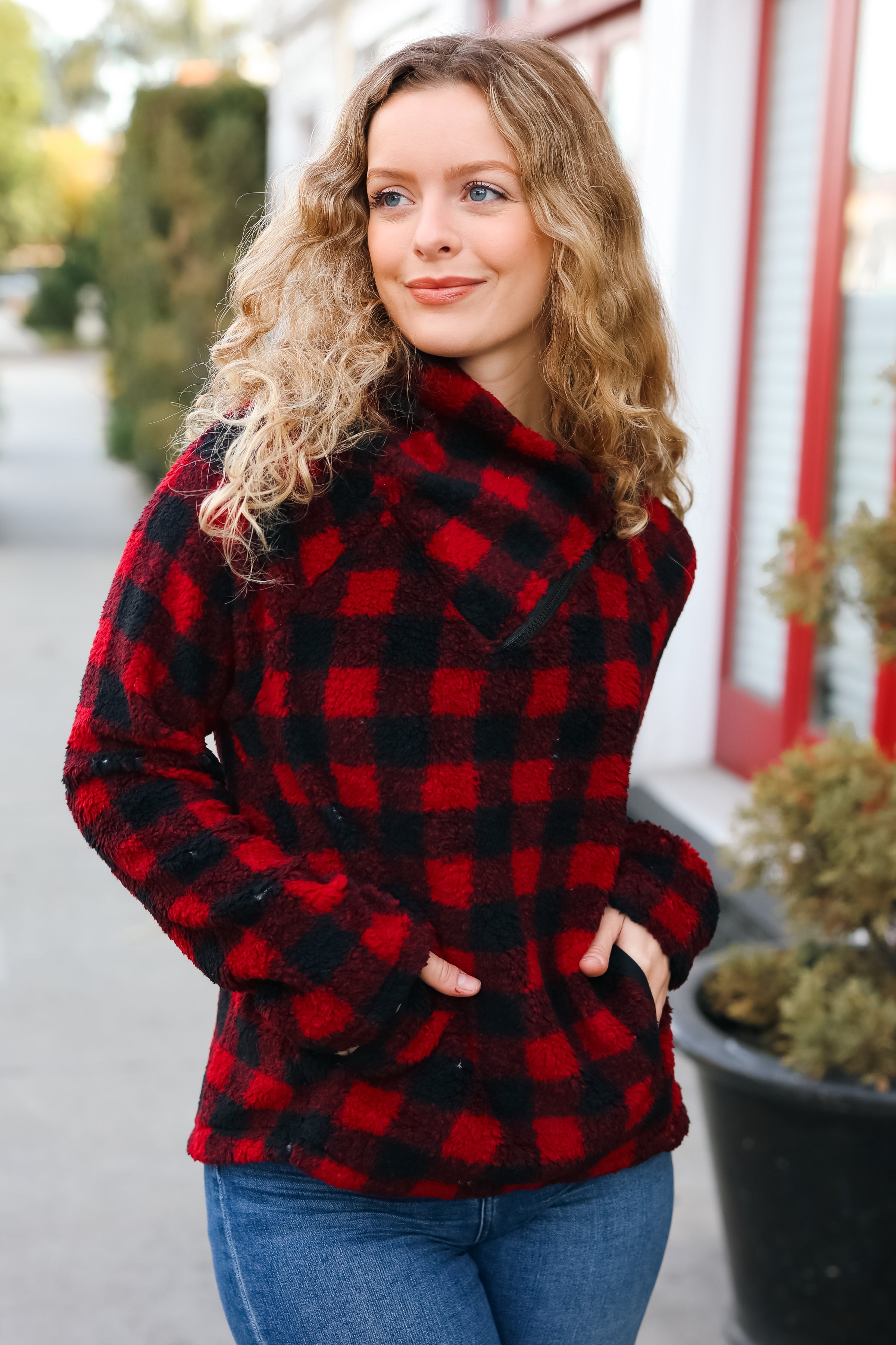 Cozy Red Sherpa Plaid Asymmetrical Zip Sweater Top for Women - Winter Fashion Layering Piece for Casual Outfits & Outdoor Activities